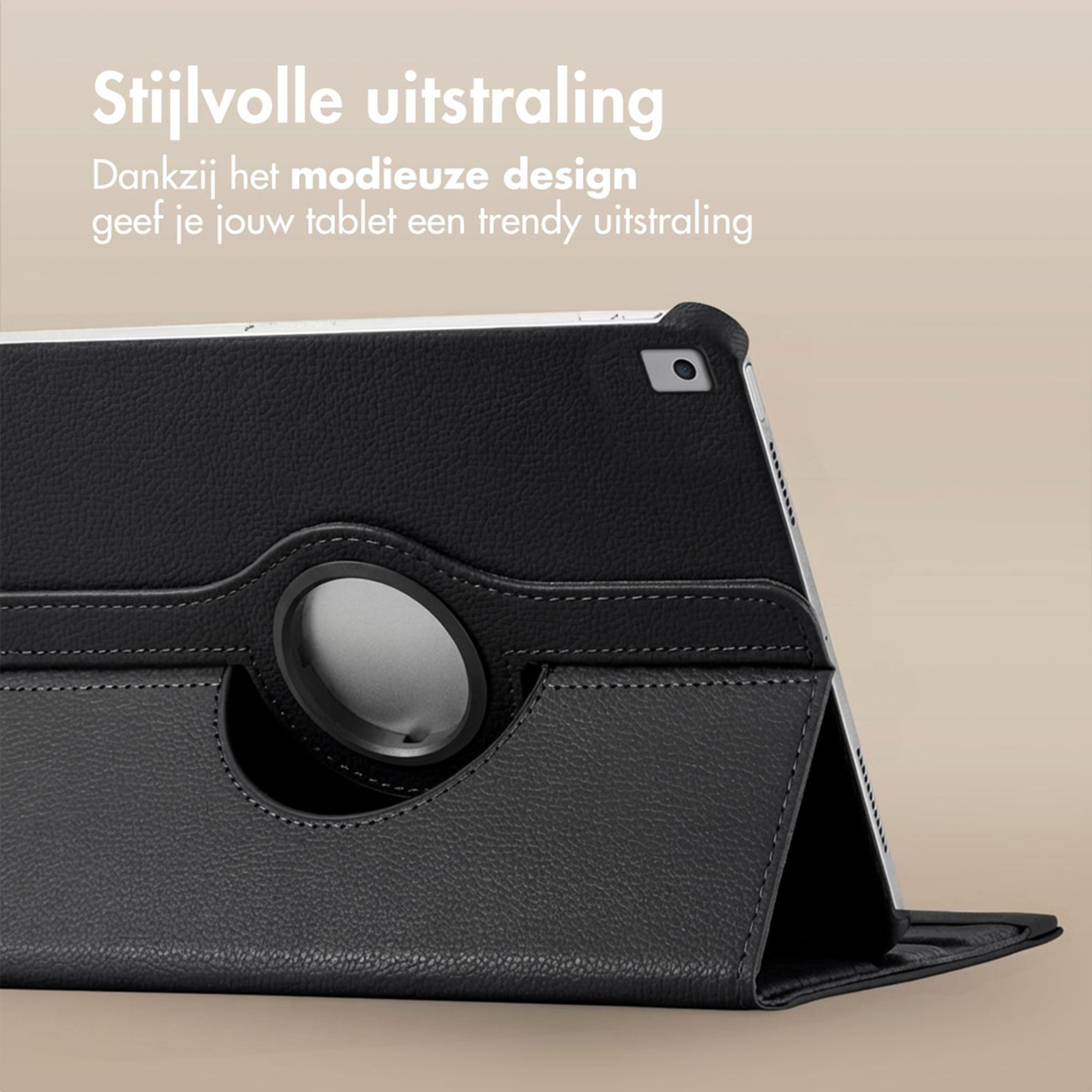 Black tablet case with swivel function and camera cutout in detail.