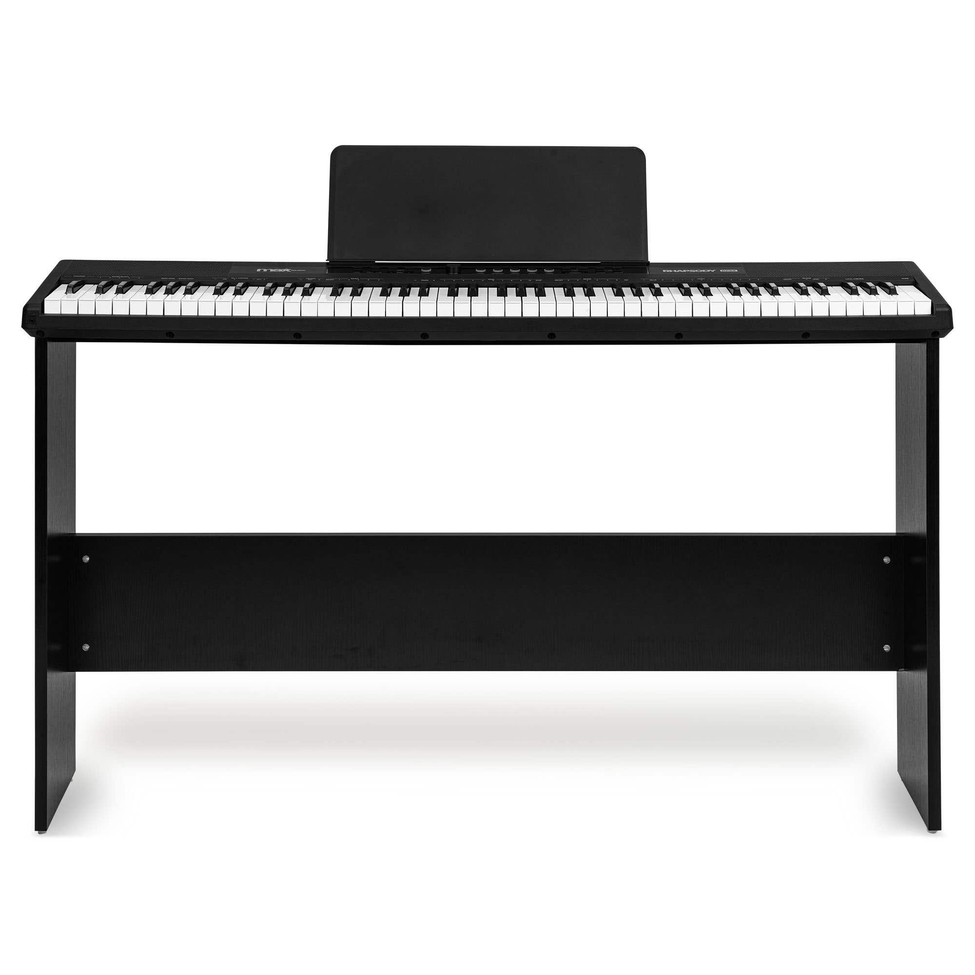 Ein schwarzes Digitalpiano mit Notenhalter auf einem Holzständer.