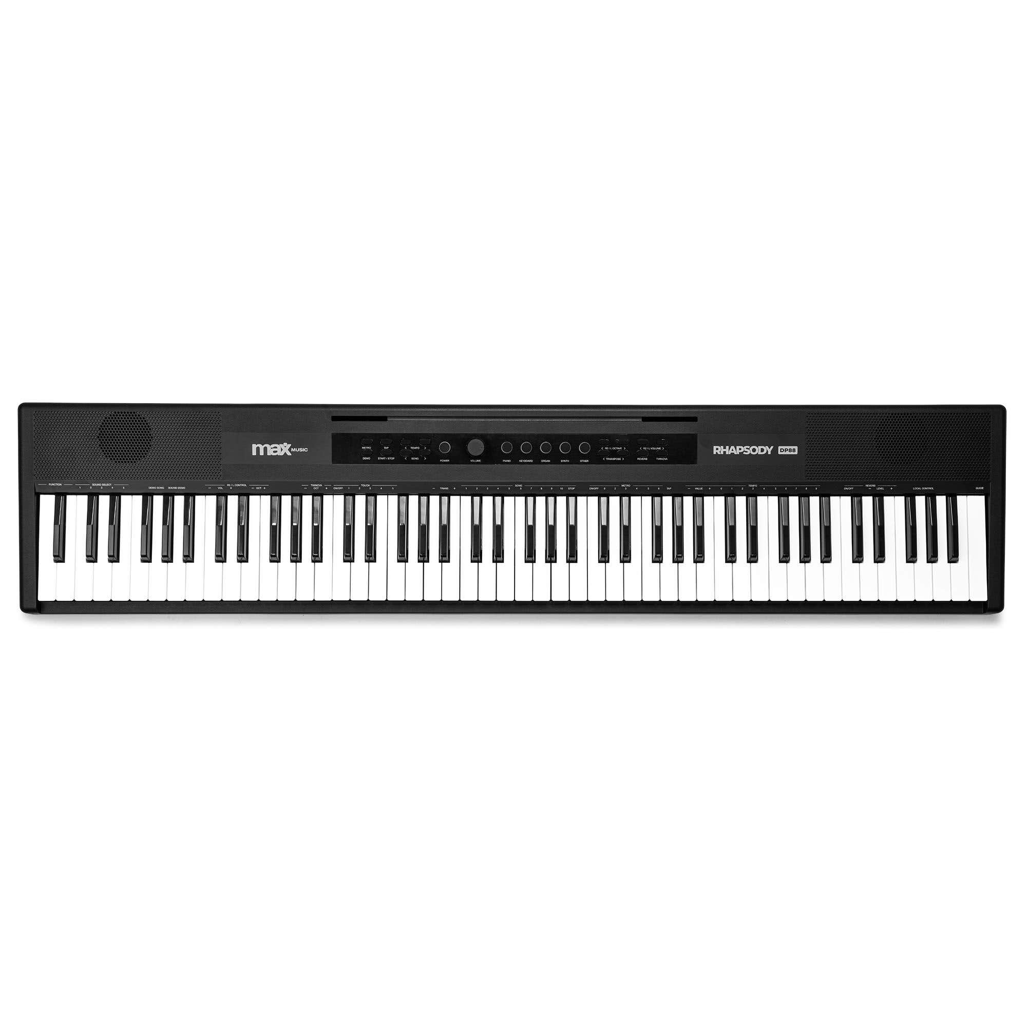 Ein schwarzes digitales Klavier mit 88 Tasten und Bedienelementen.