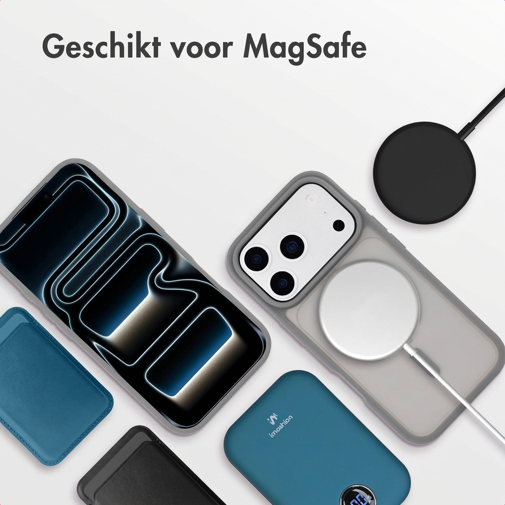 Twee iPhones, een MagSafe oplader, powerbank en kaarthouders op witte achtergrond.