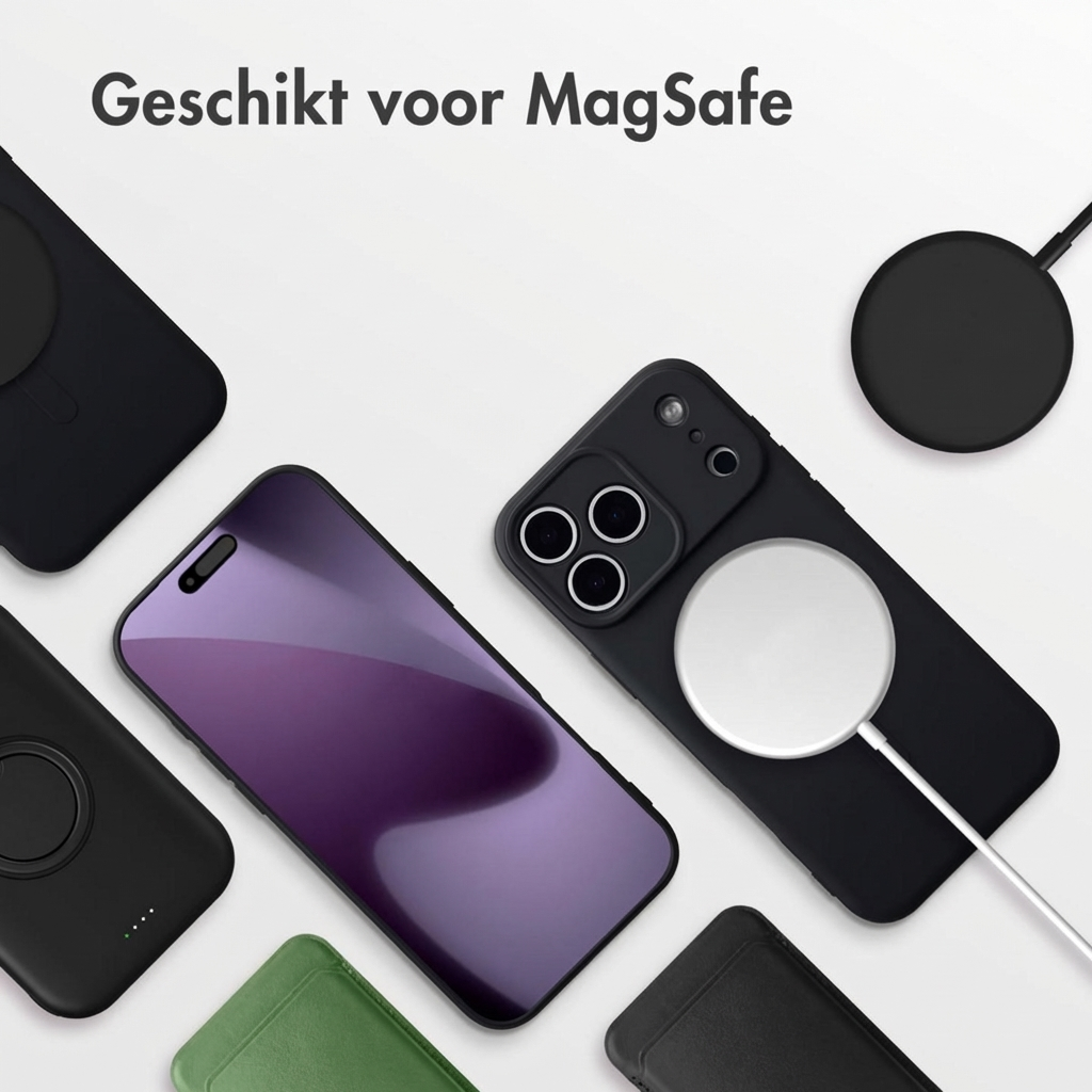 Meerdere zwarte en één groene telefoonhoes en een paarse iPhone met MagSafe-lader.