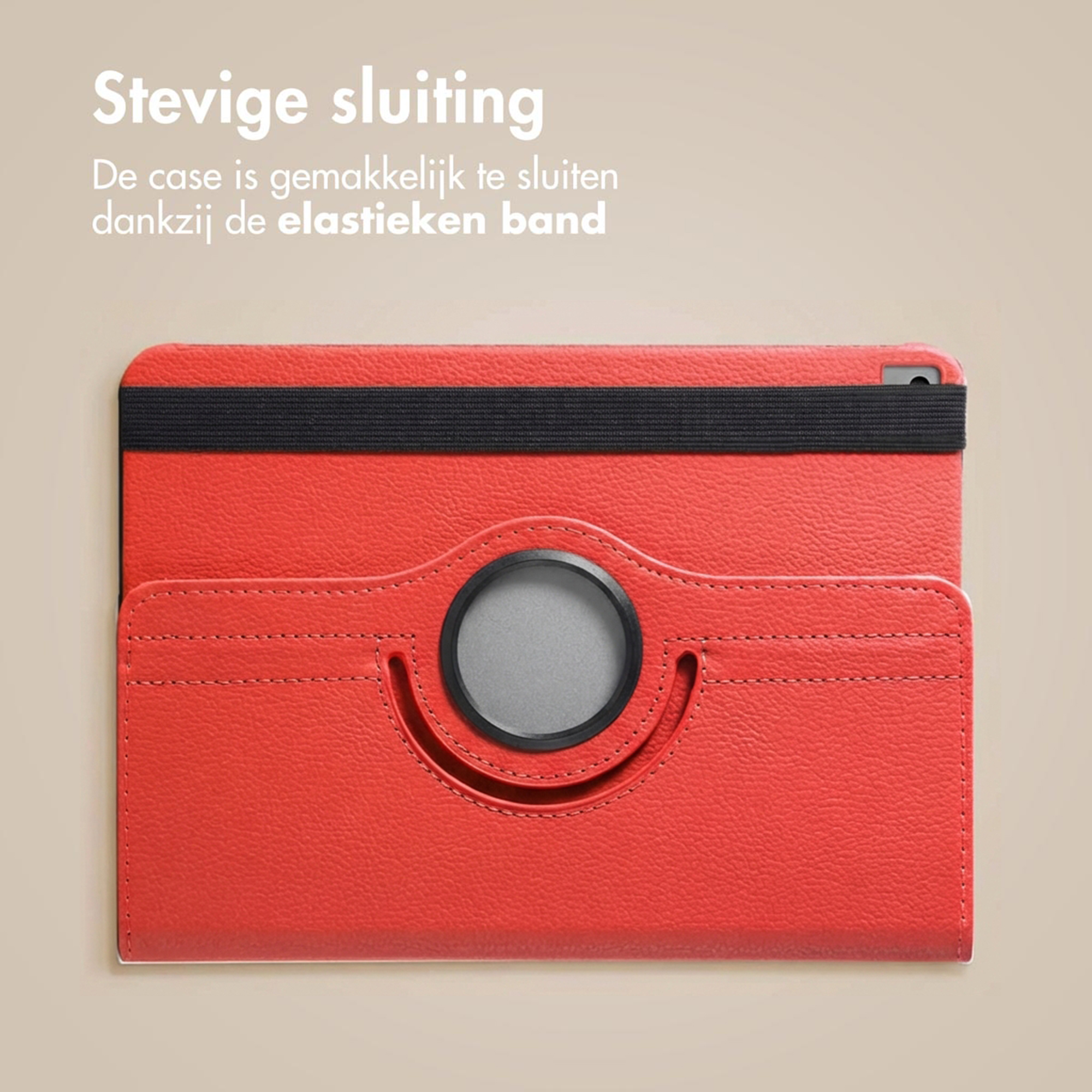 Red tablet case with black elastic strap and card slots.