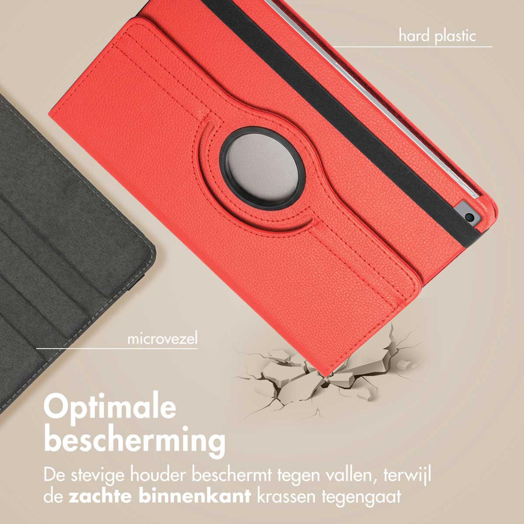 Red tablet case with microfiber and hard plastic. Provides optimal protection.