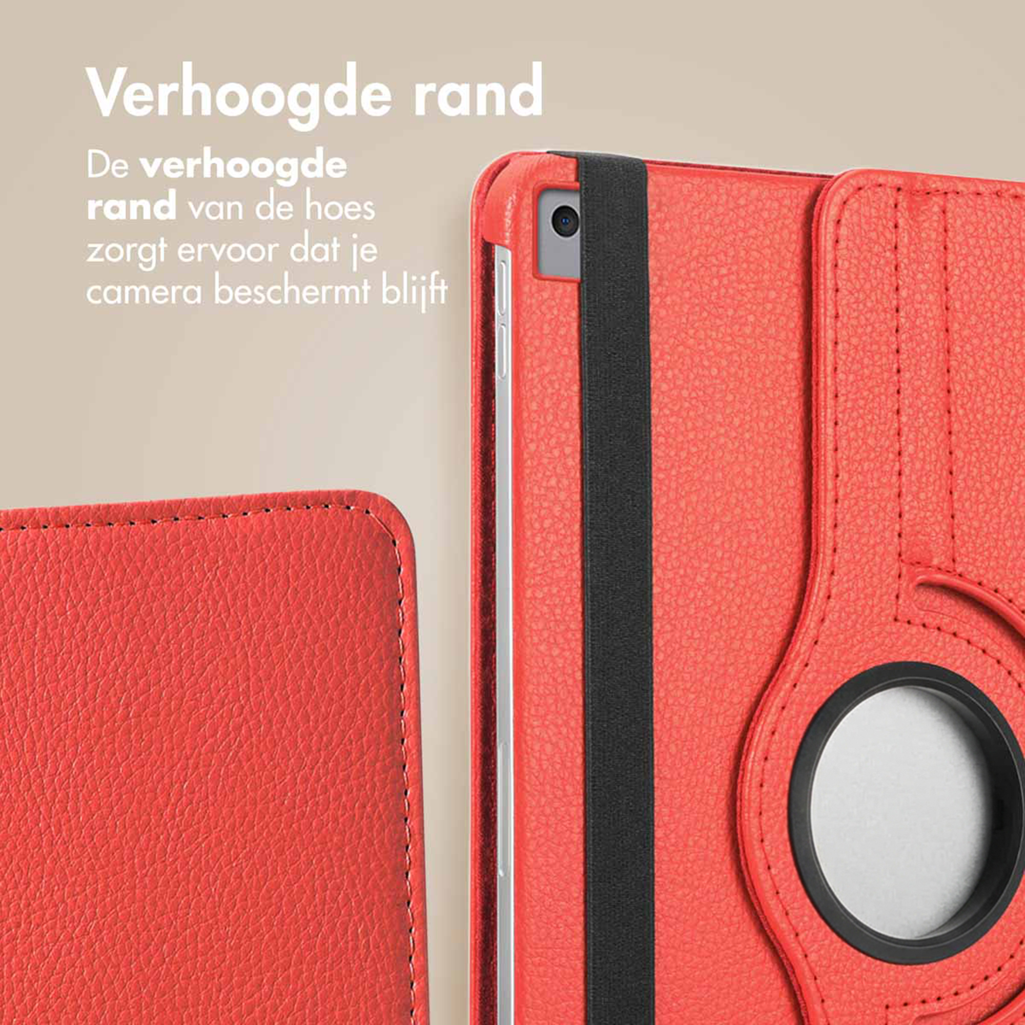 Red tablet case with raised edge and black strap.