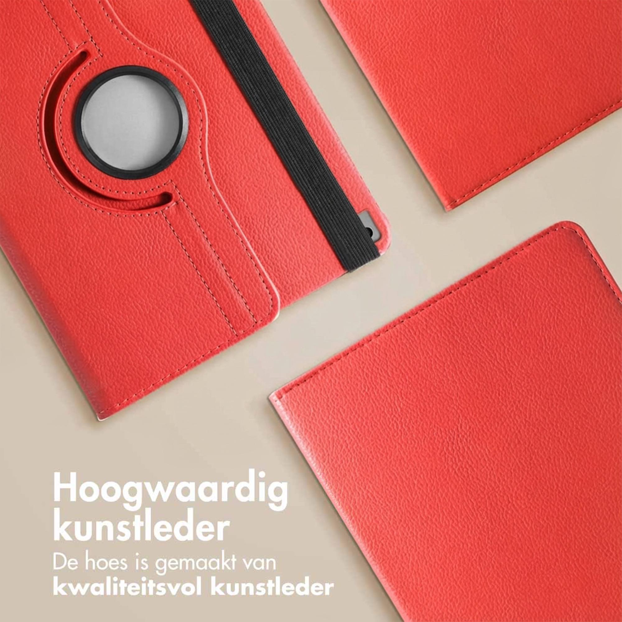 Red faux leather tablet case with a rotating ring and elastic band.