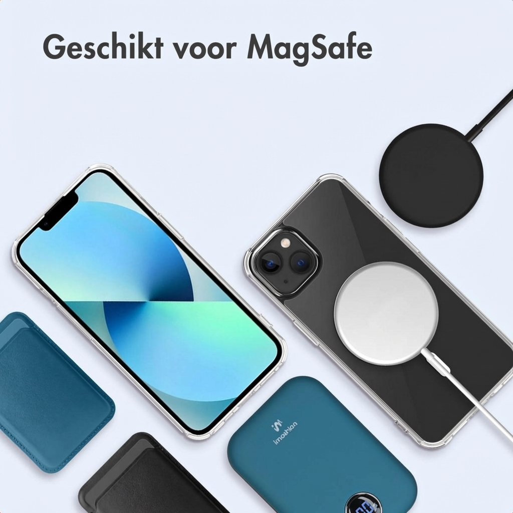 Due iPhone, custodie, caricatore MagSafe e power bank su sfondo azzurro.