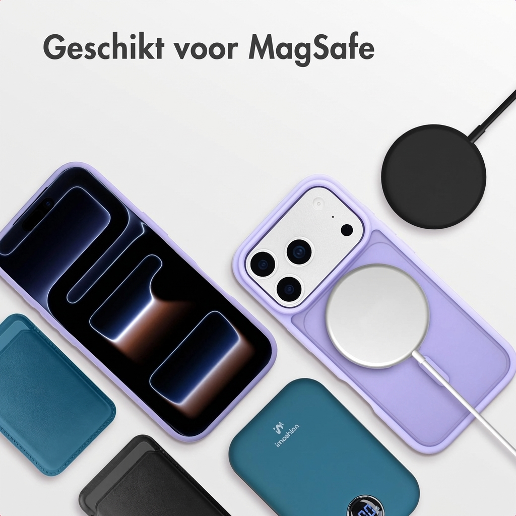 Paarse iPhone hoes met MagSafe lader, powerbank en kaarthouder.