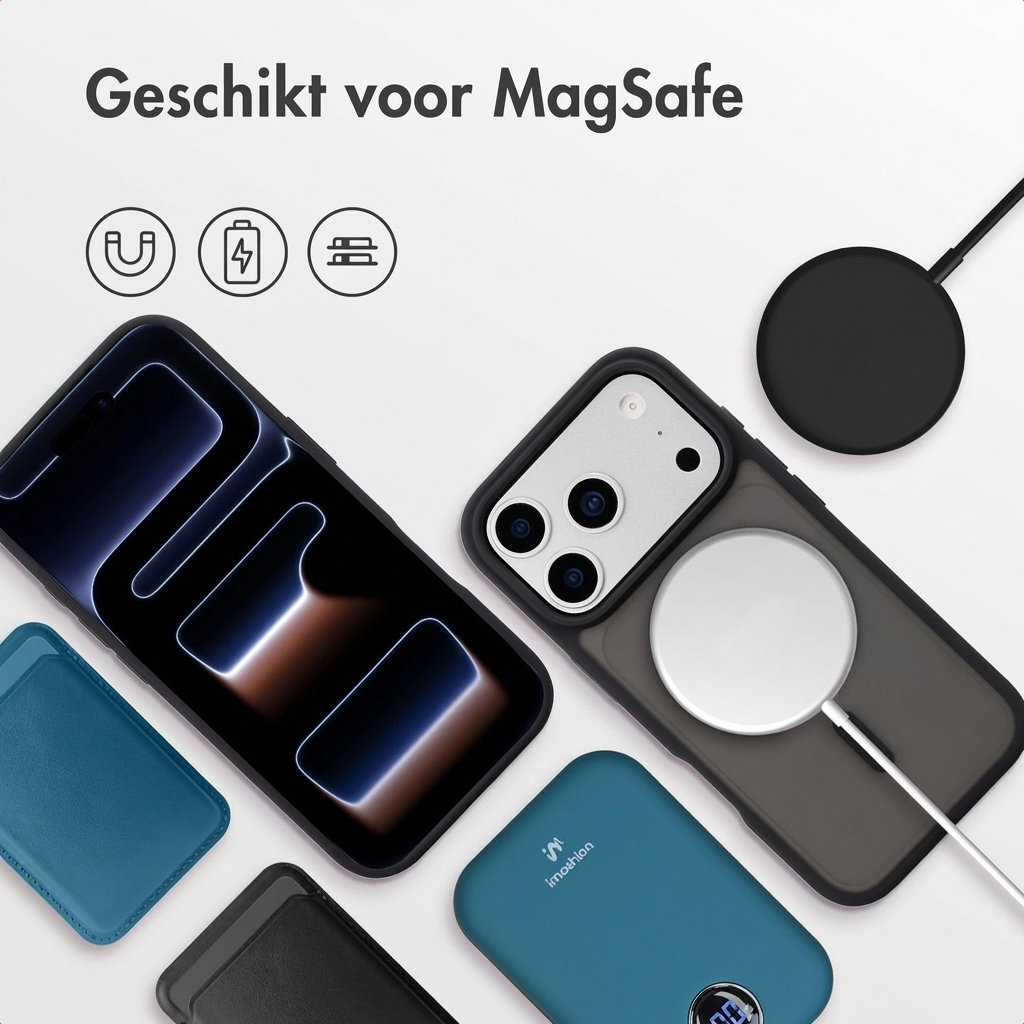 iPhone met MagSafe accessoires: lader, hoesjes en powerbank.