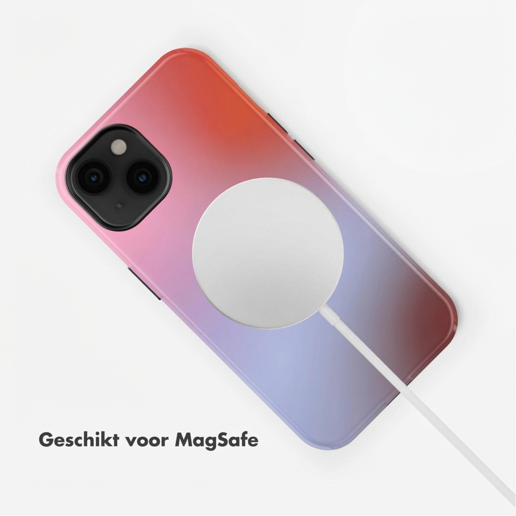 Un iPhone avec chargeur MagSafe, avec un dégradé rouge à bleu.