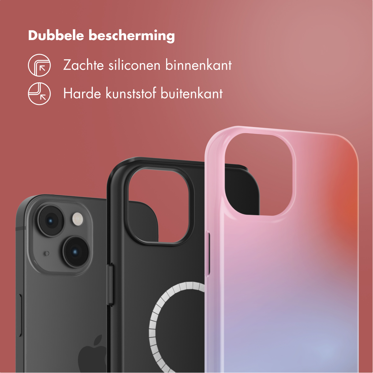 Trois coques de téléphone : une noire, une noire avec cercle blanc, une rose-violette.