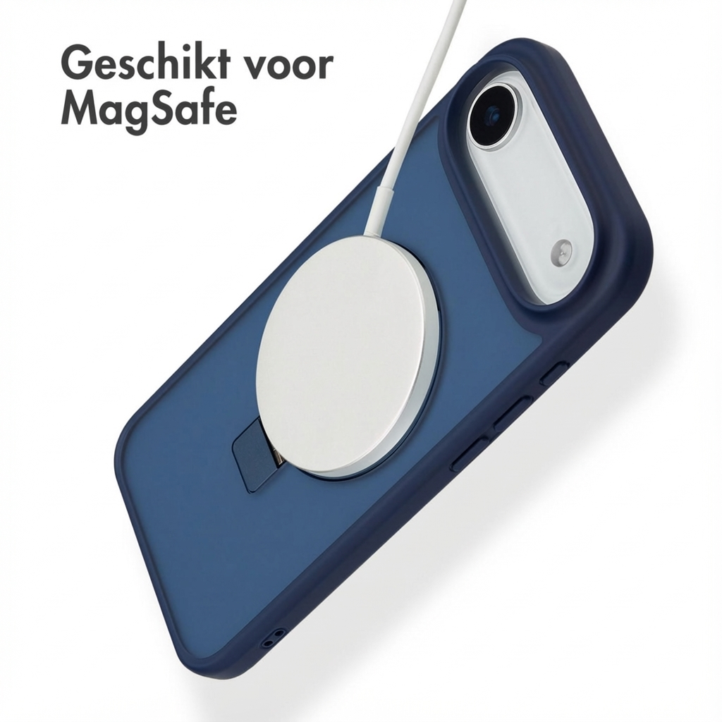 Een blauwe telefoon met MagSafe lader en kabel, met tekst 'Geschikt voor MagSafe'.