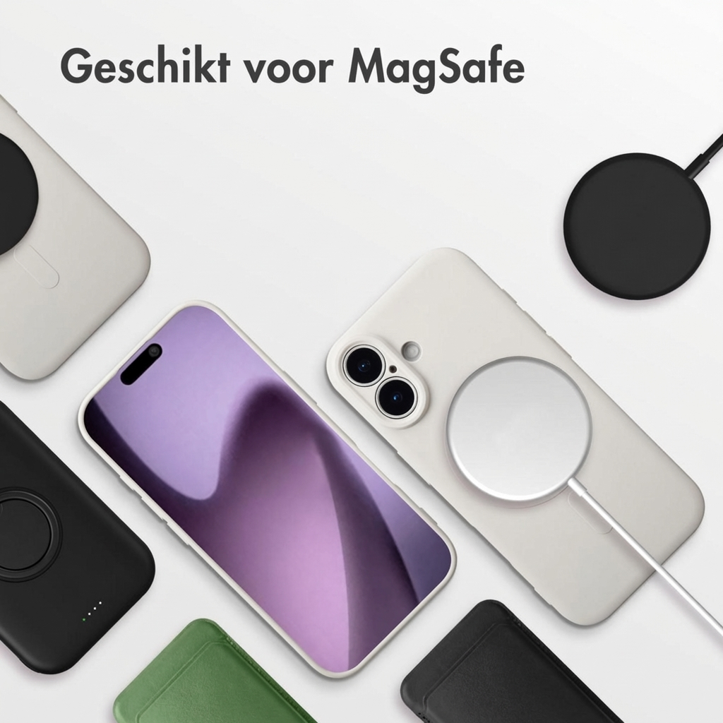 Diverse MagSafe-compatibele hoesjes en opladers in verschillende kleuren.