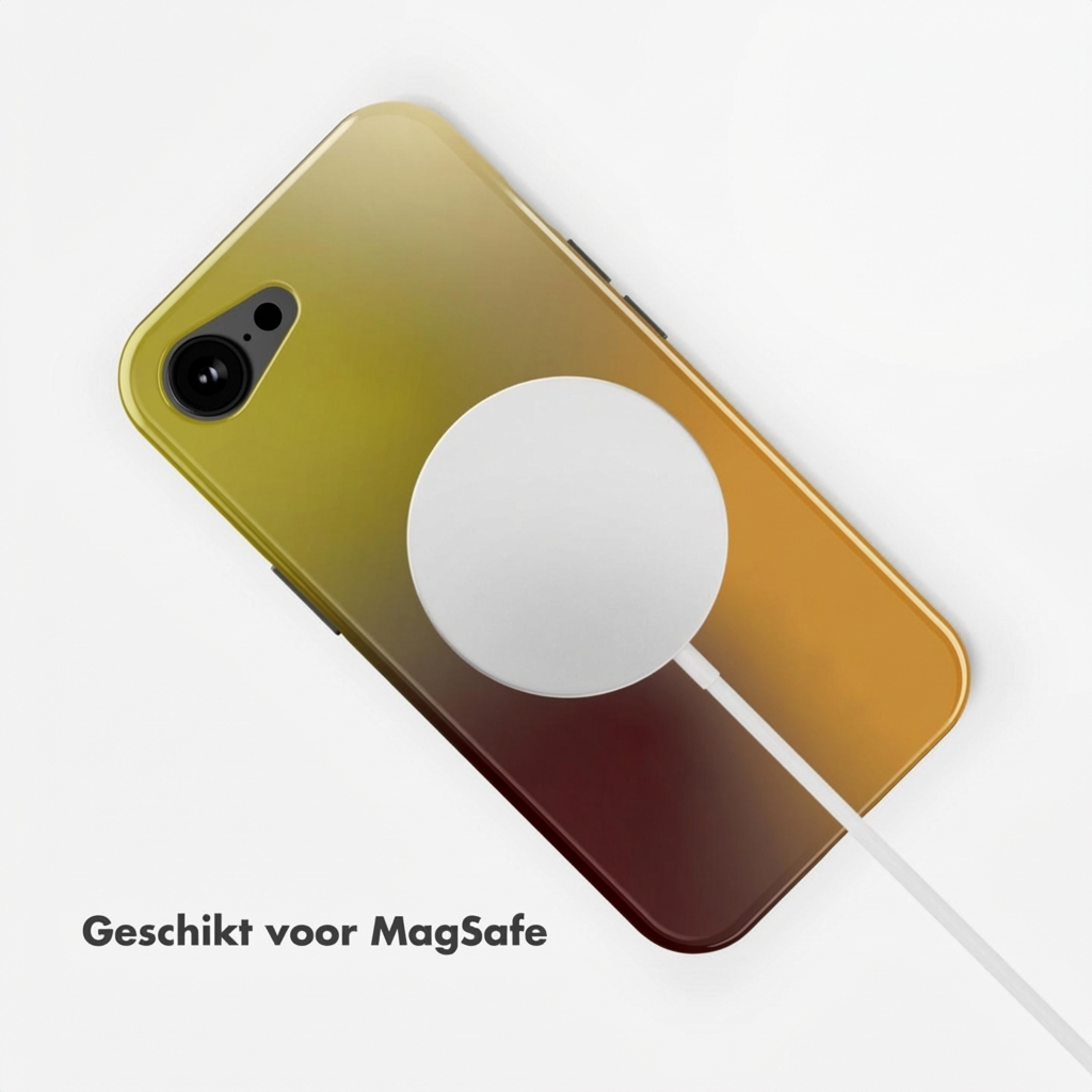 Un smartphone avec chargeur MagSafe, avec un dégradé de jaune à brun.
