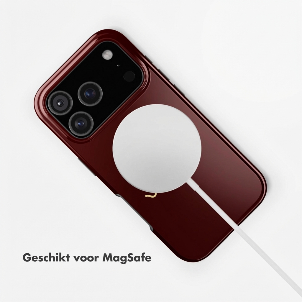 Donkerrode telefoon met MagSafe lader en witte kabel.