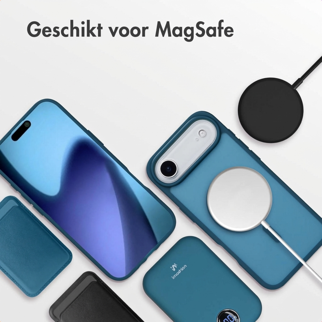 Blauwe telefoonhoes met MagSafe-oplader, powerbank en kaarthouder.