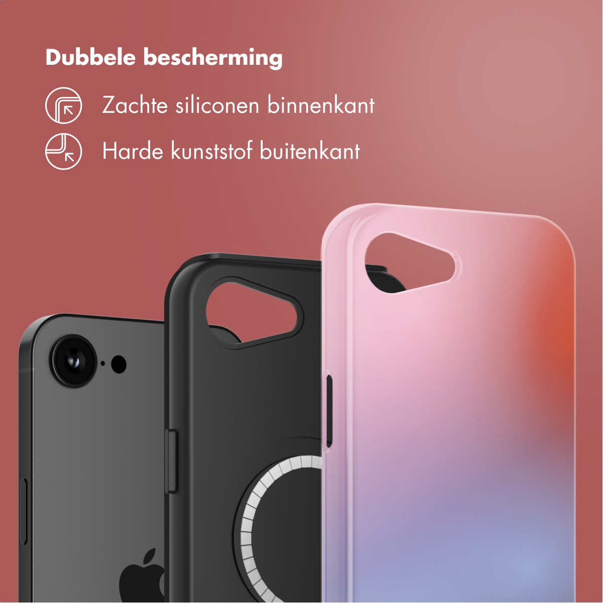 Drie telefoonhoesjes: zwart, zwart met magneetring, en roze-paars verloop.
