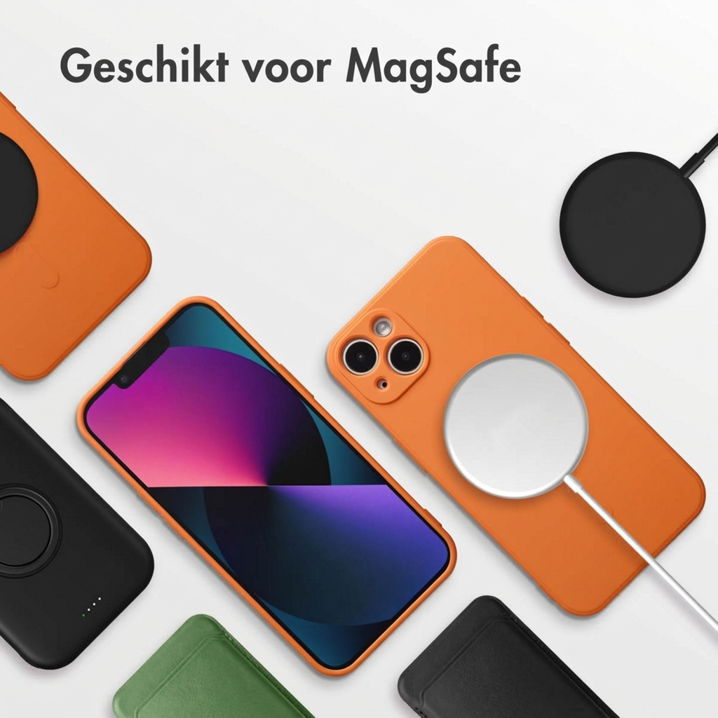 Oranje en zwarte telefoonhoesjes met MagSafe laders en een iPhone.