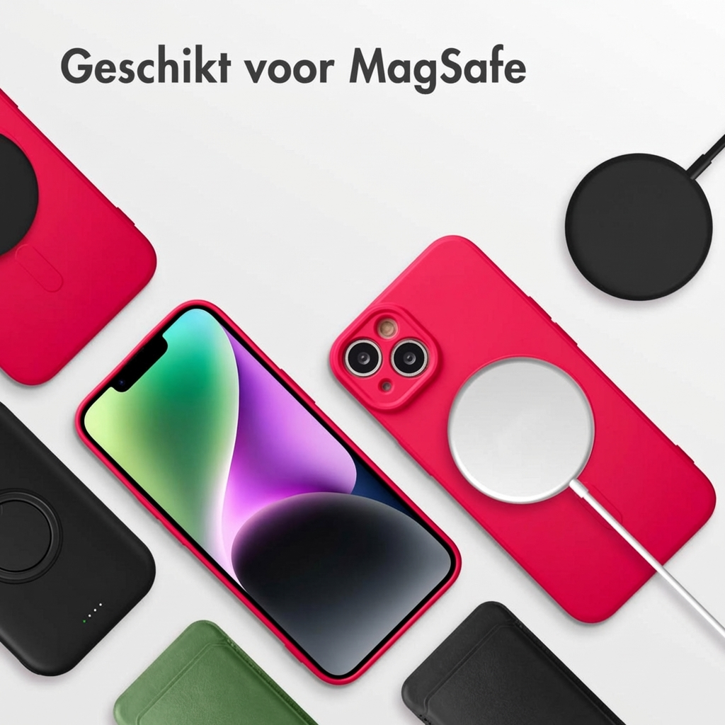 iPhone rouge avec chargeur MagSafe et étuis sur fond blanc.