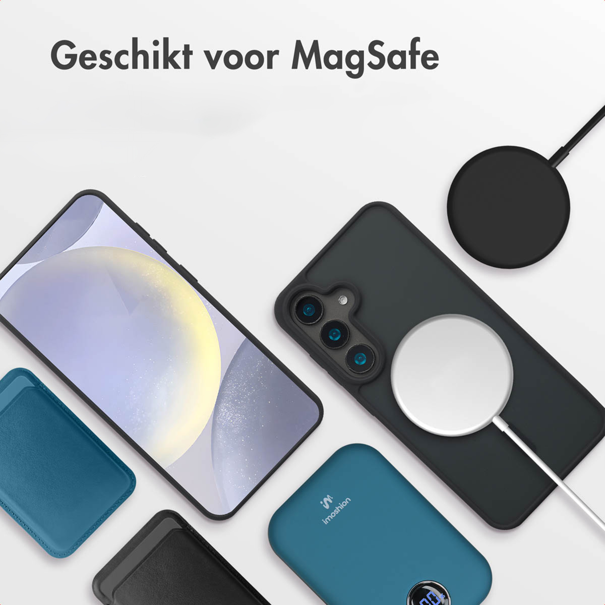 Un smartphone avec chargeur MagSafe, batterie externe et étuis.