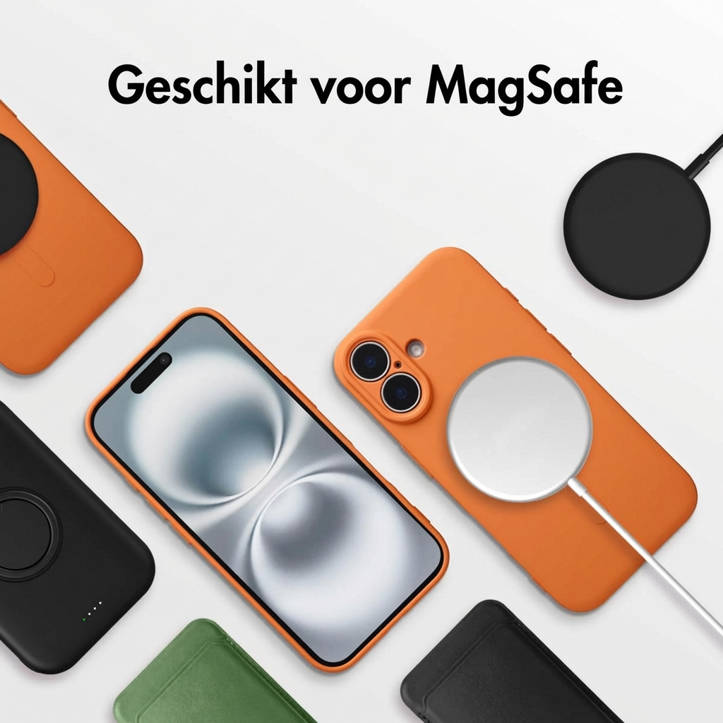 Coque orange MagSafe, iPhone et chargeurs noirs disposés sur fond blanc.