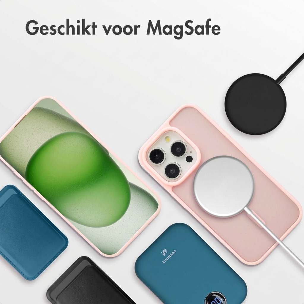 Een roze iPhone hoesje met MagSafe oplader, powerbank en kaarthouders.