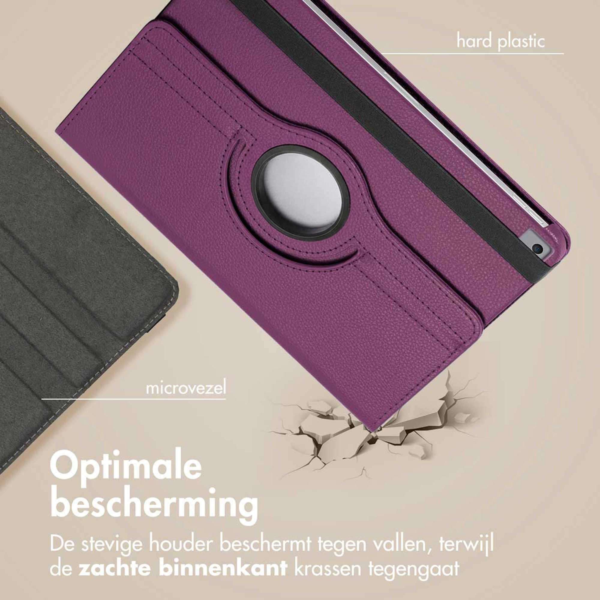 Purple tablet case of hard plastic and microfiber with camera hole.
