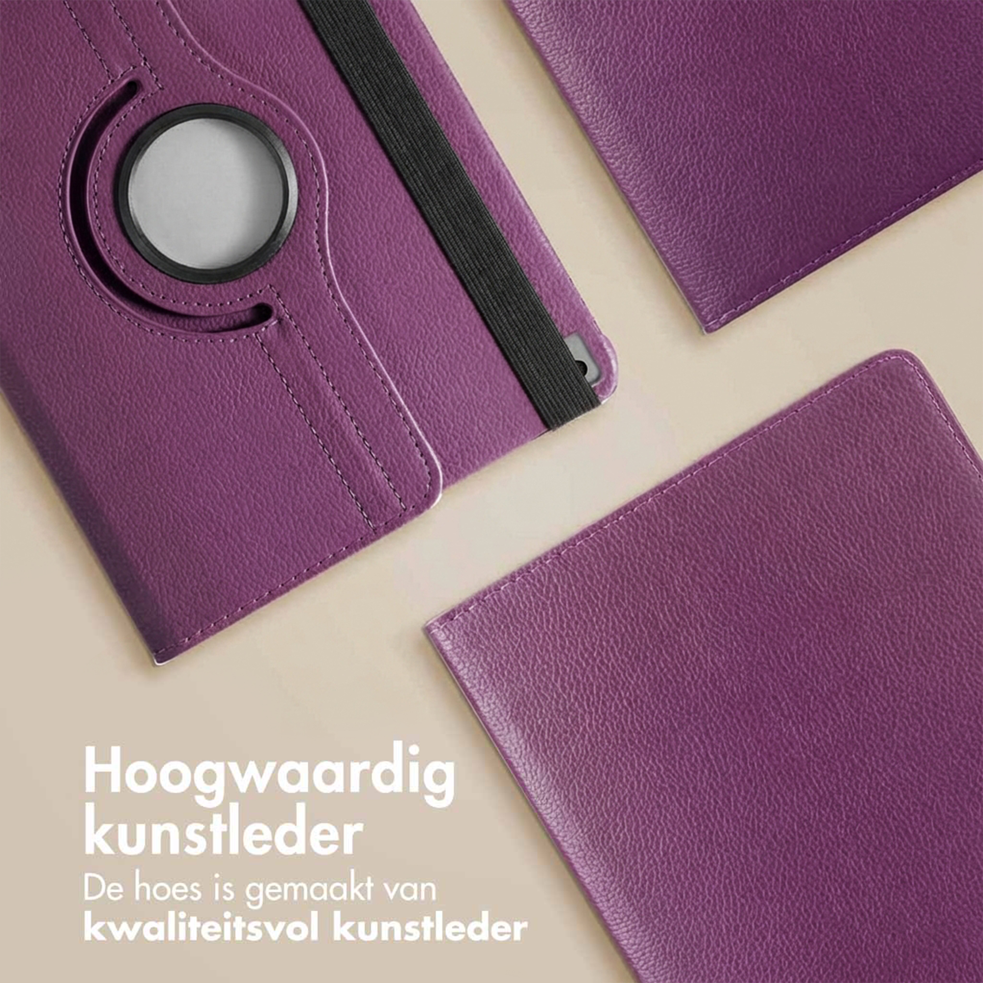 Purple faux leather case with black elastic band and circular cutout.