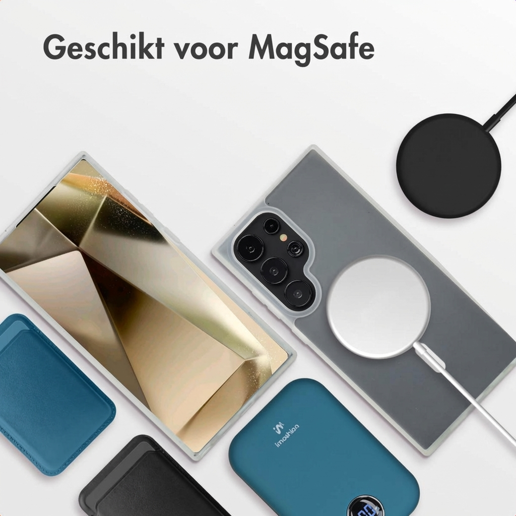 Un smartphone avec chargeur MagSafe, étui et batterie externe.