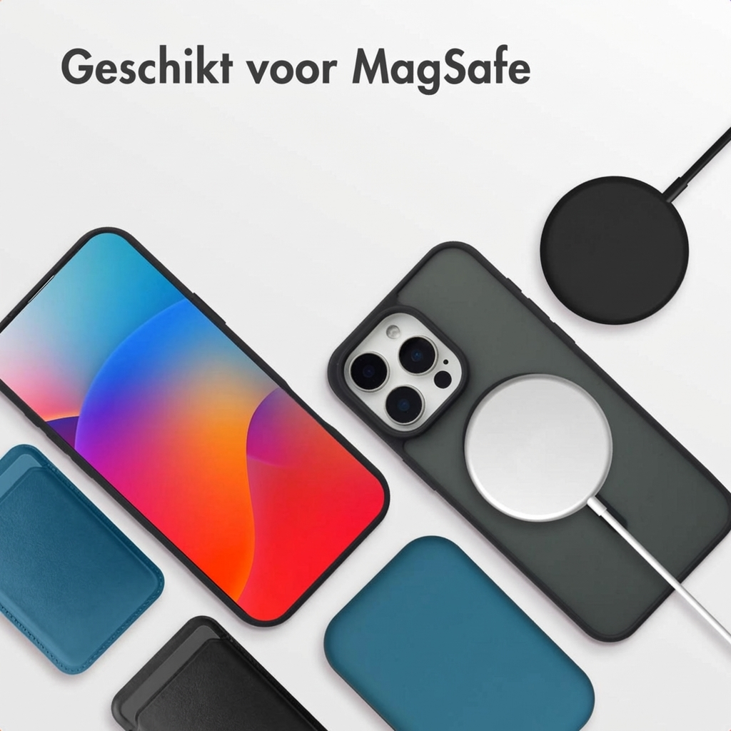 iPhone met kleurrijk scherm, MagSafe-laders en hoesjes.