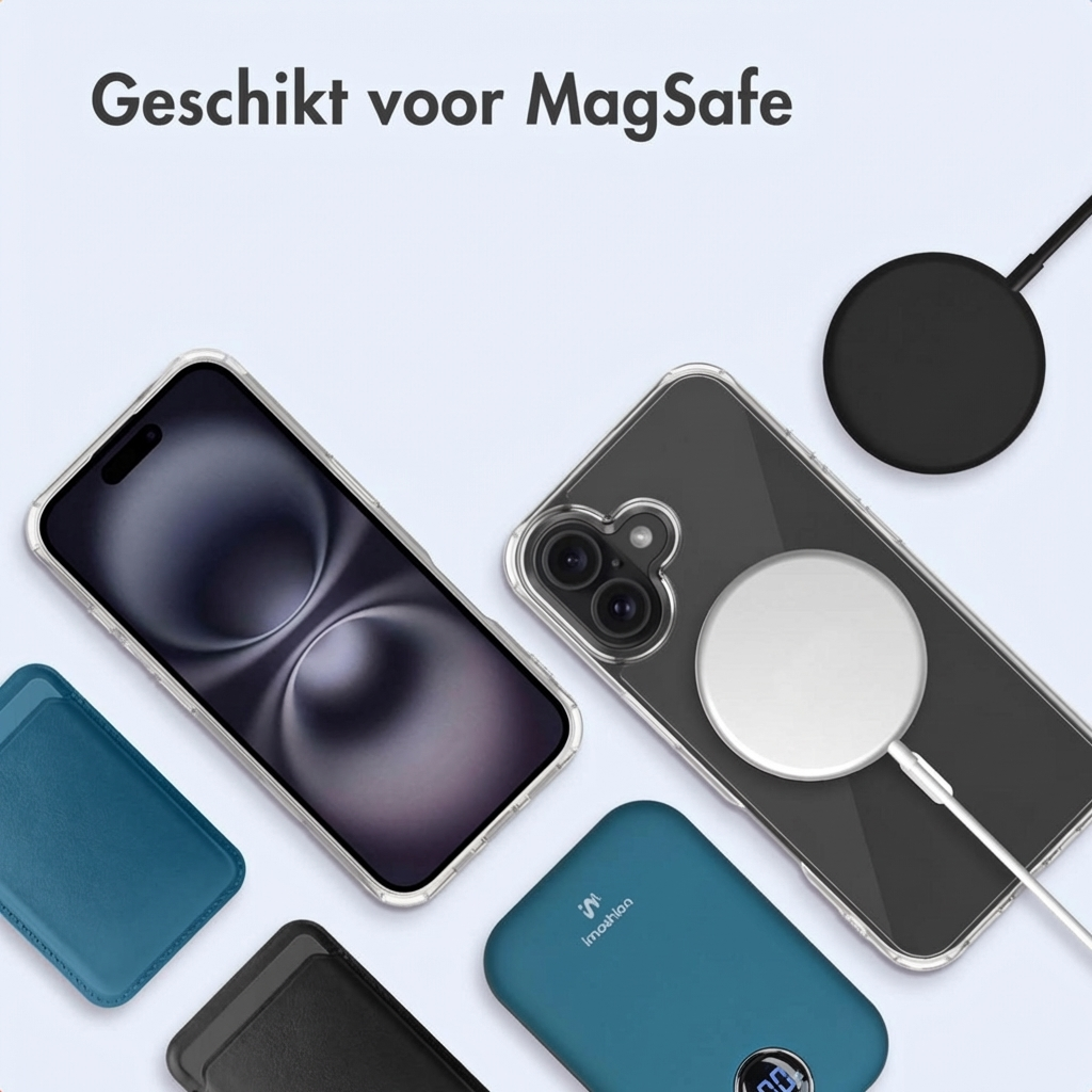 Due iPhone in custodie, caricabatterie MagSafe e un power bank blu.