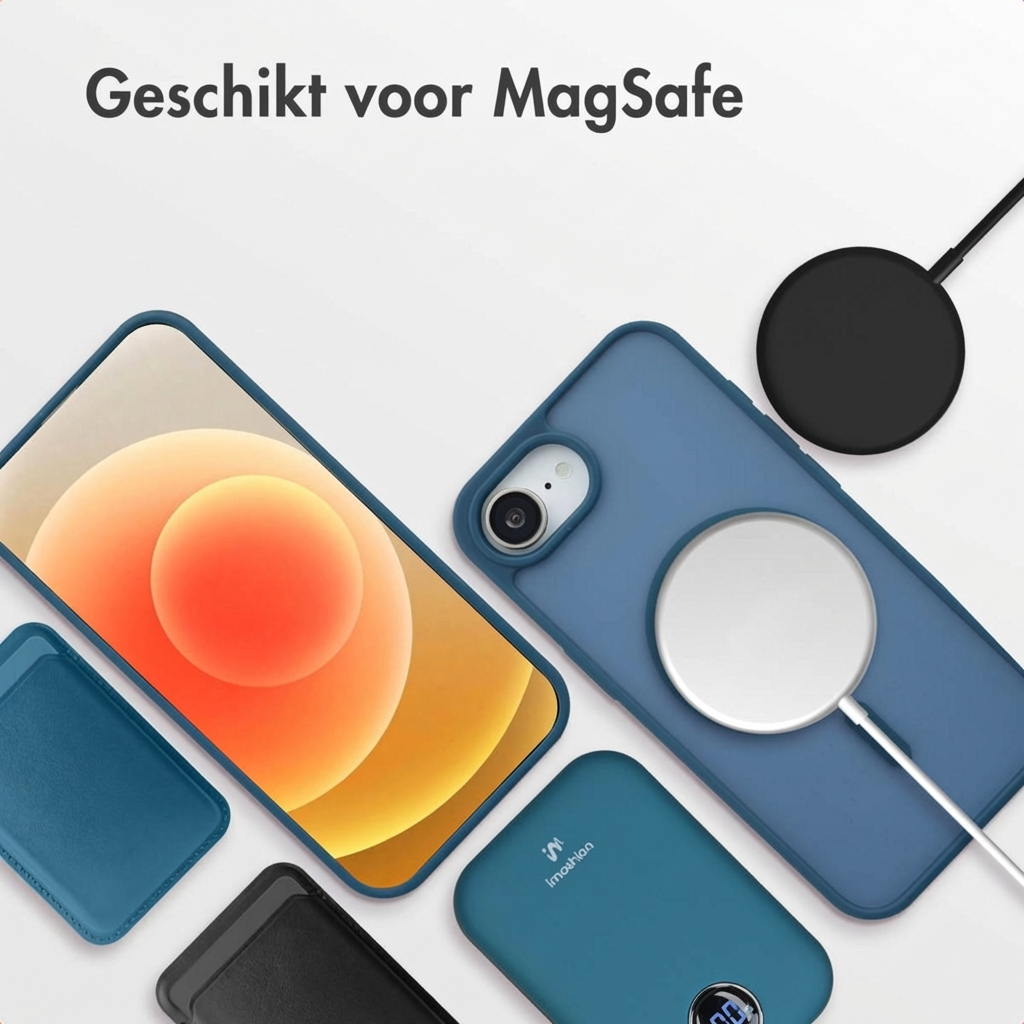 Blue iPhone case, phone, MagSafe charger, power bank, card holder.