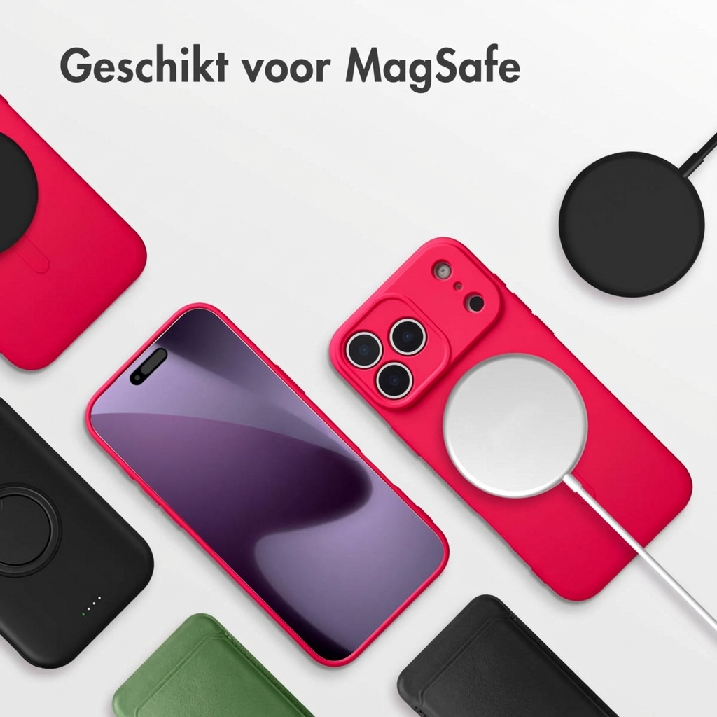iPhone avec étui rouge, chargeur MagSafe et accessoires sur fond blanc.