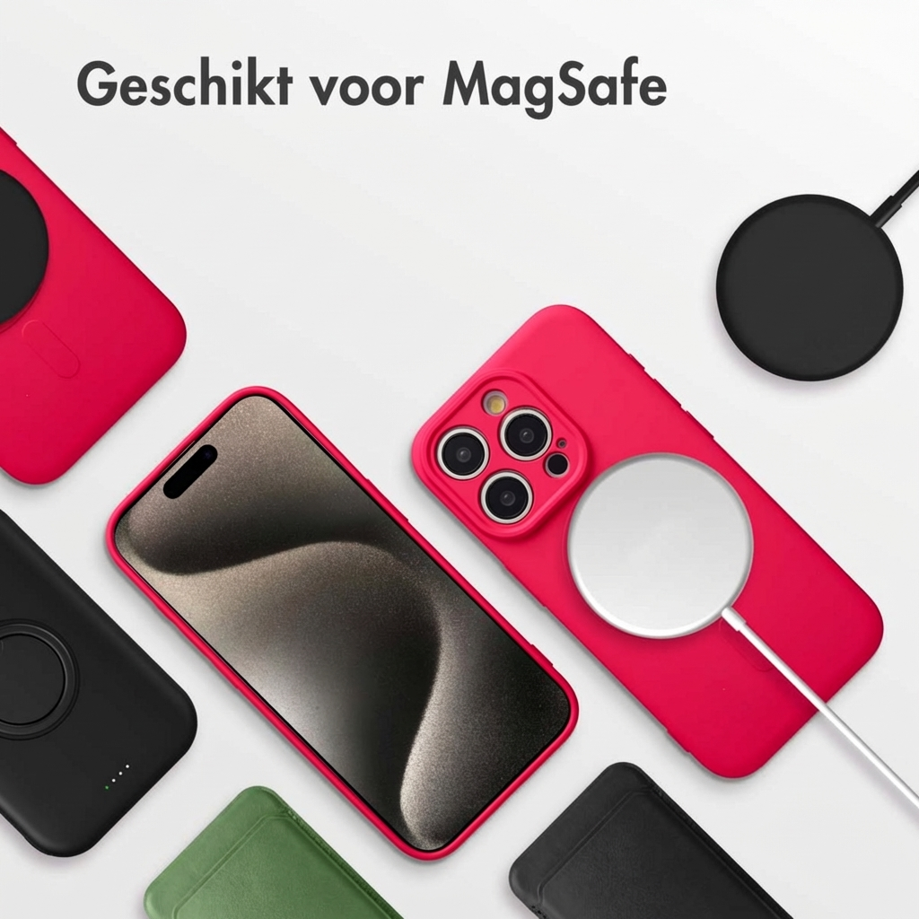 MagSafe compatibele hoes en lader op witte achtergrond.