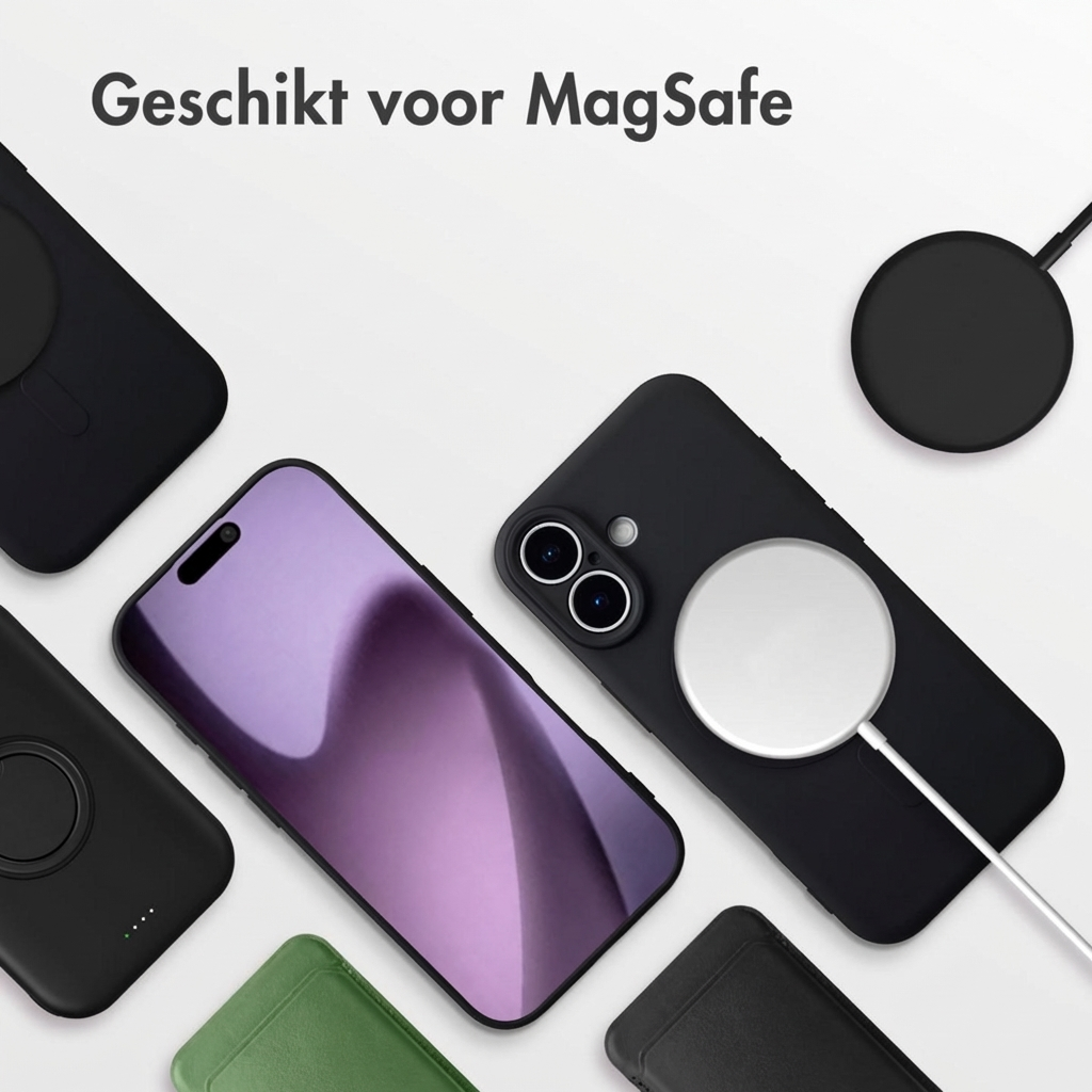 Coques de téléphone noires avec chargeur MagSafe et un écran violet.