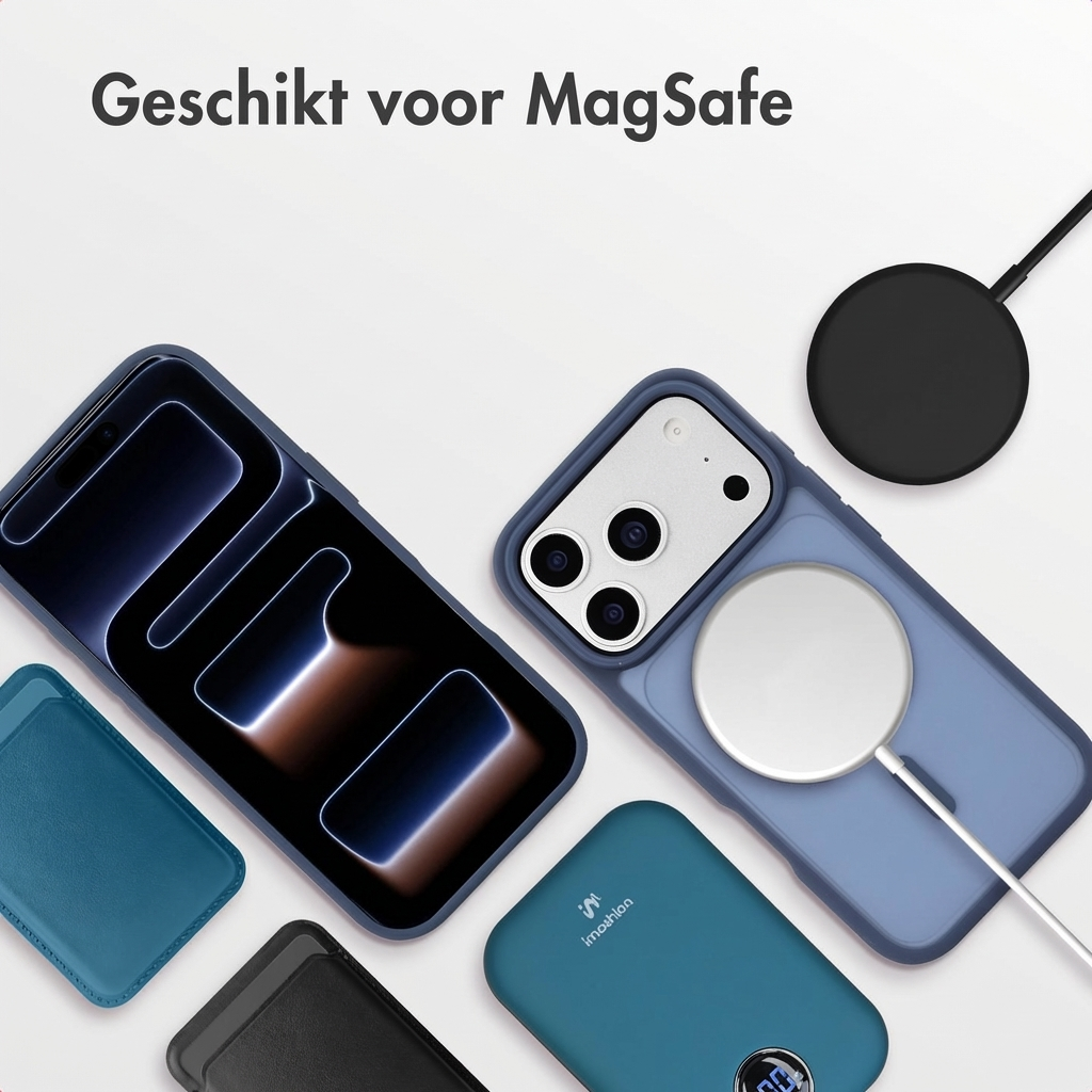 Twee iPhones met hoesjes, MagSafe lader en powerbank op witte achtergrond.