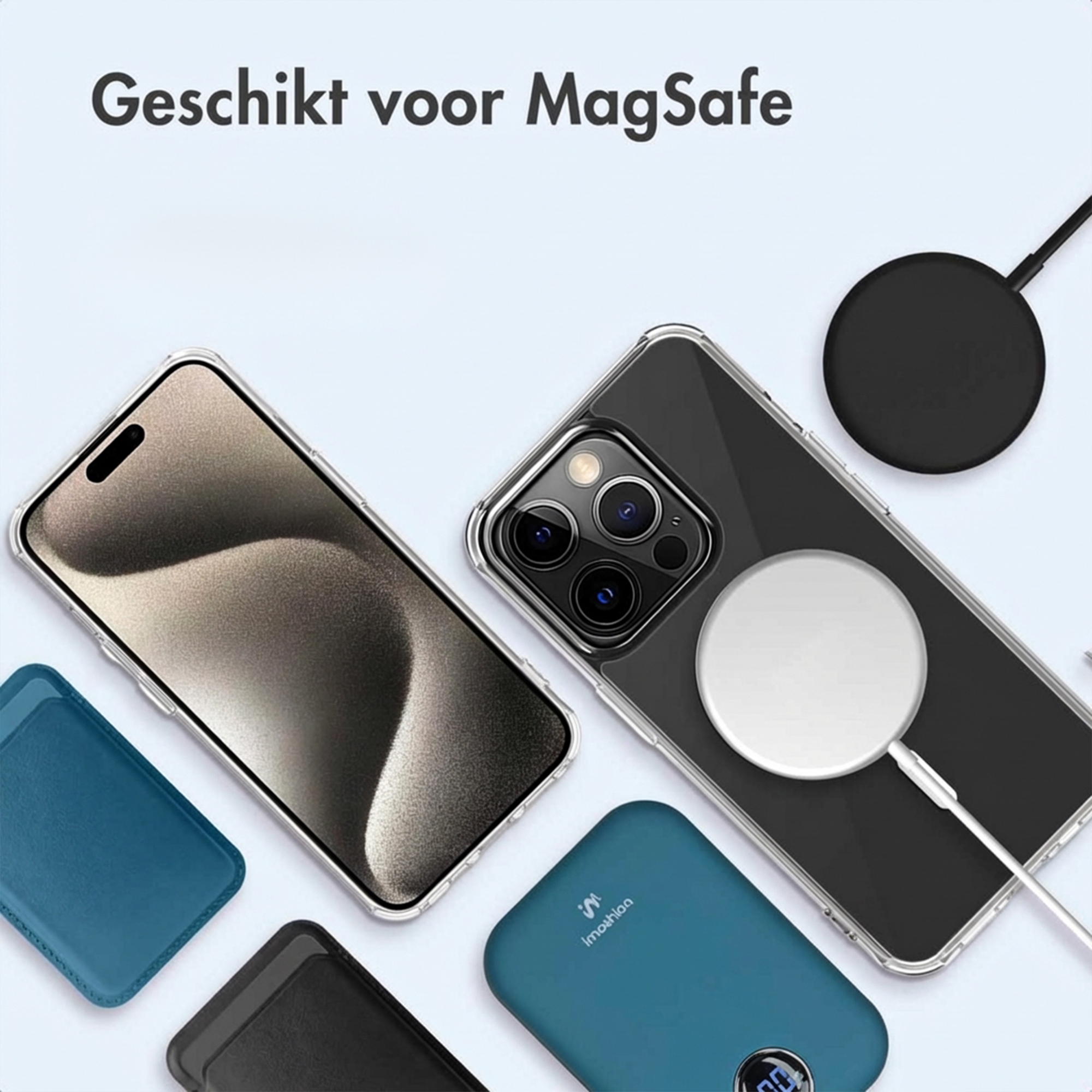 Uno smartphone con caricabatterie MagSafe, custodia, cavo e porta carte.