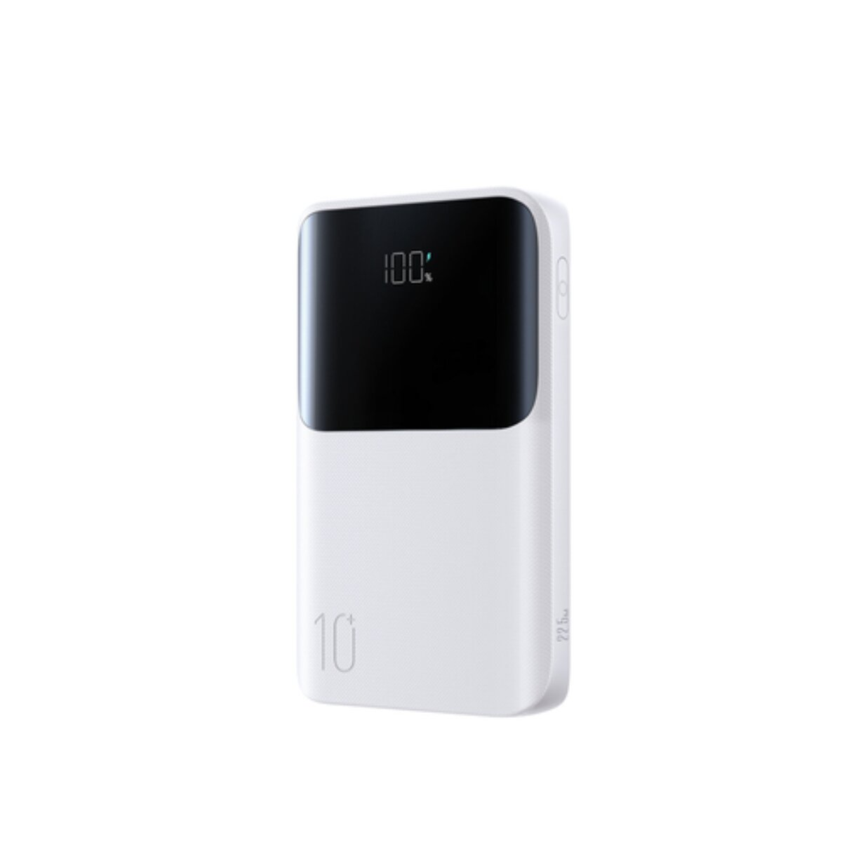 Ein weißes Powerbank-Gerät mit einem schwarzen Bildschirm, auf dem 100% angezeigt wird.