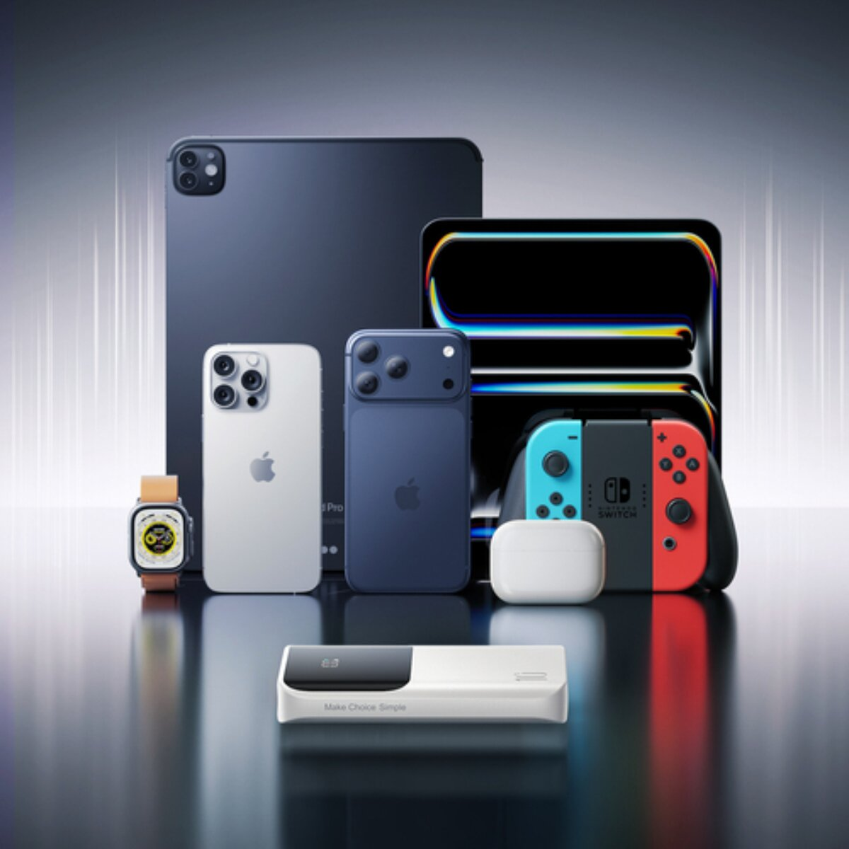 Apple-Geräte, ein Nintendo Switch und ein weißes Ladeetui auf dunklem Hintergrund.