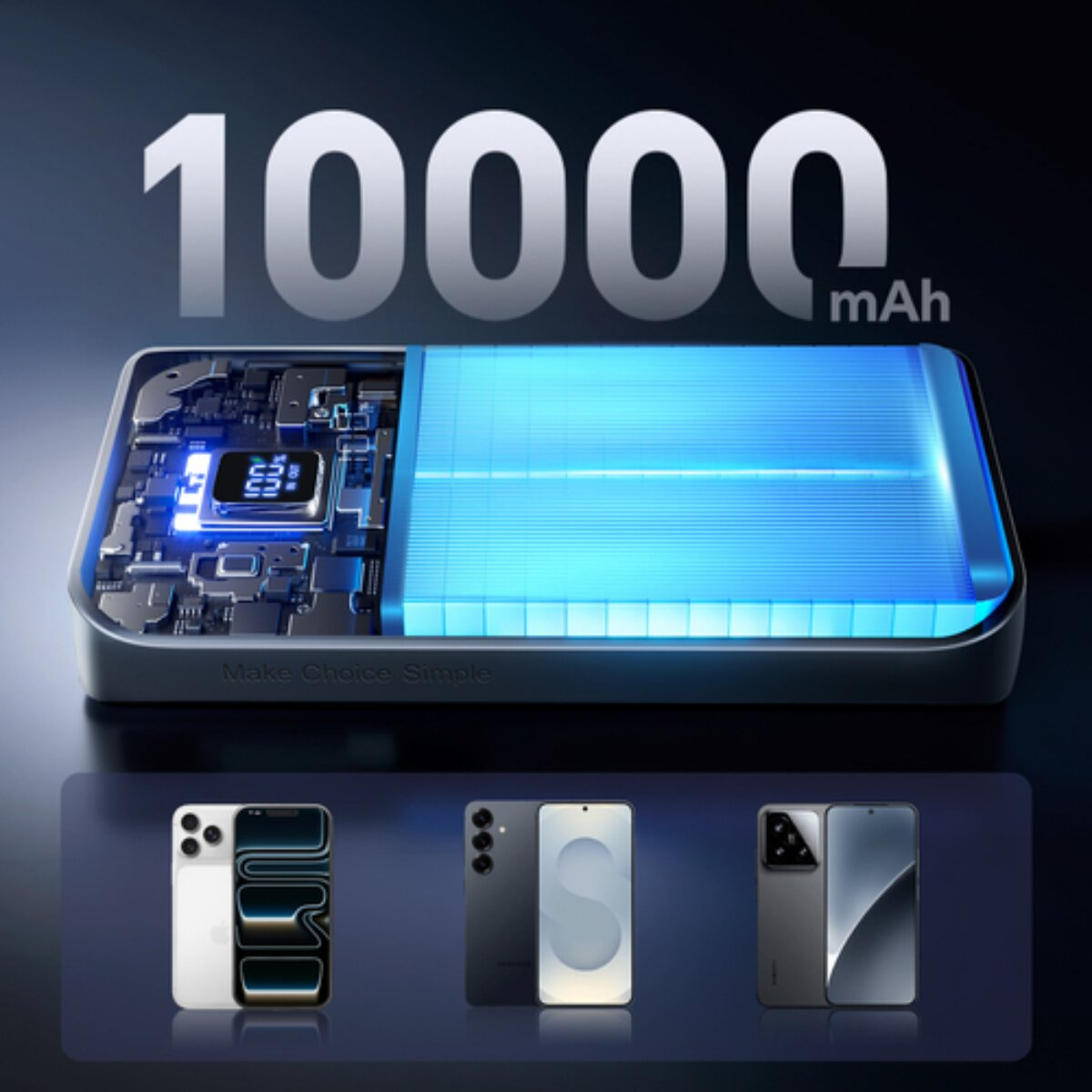 10000mAh Powerbank mit Schaltkreisen und drei Smartphones darunter.