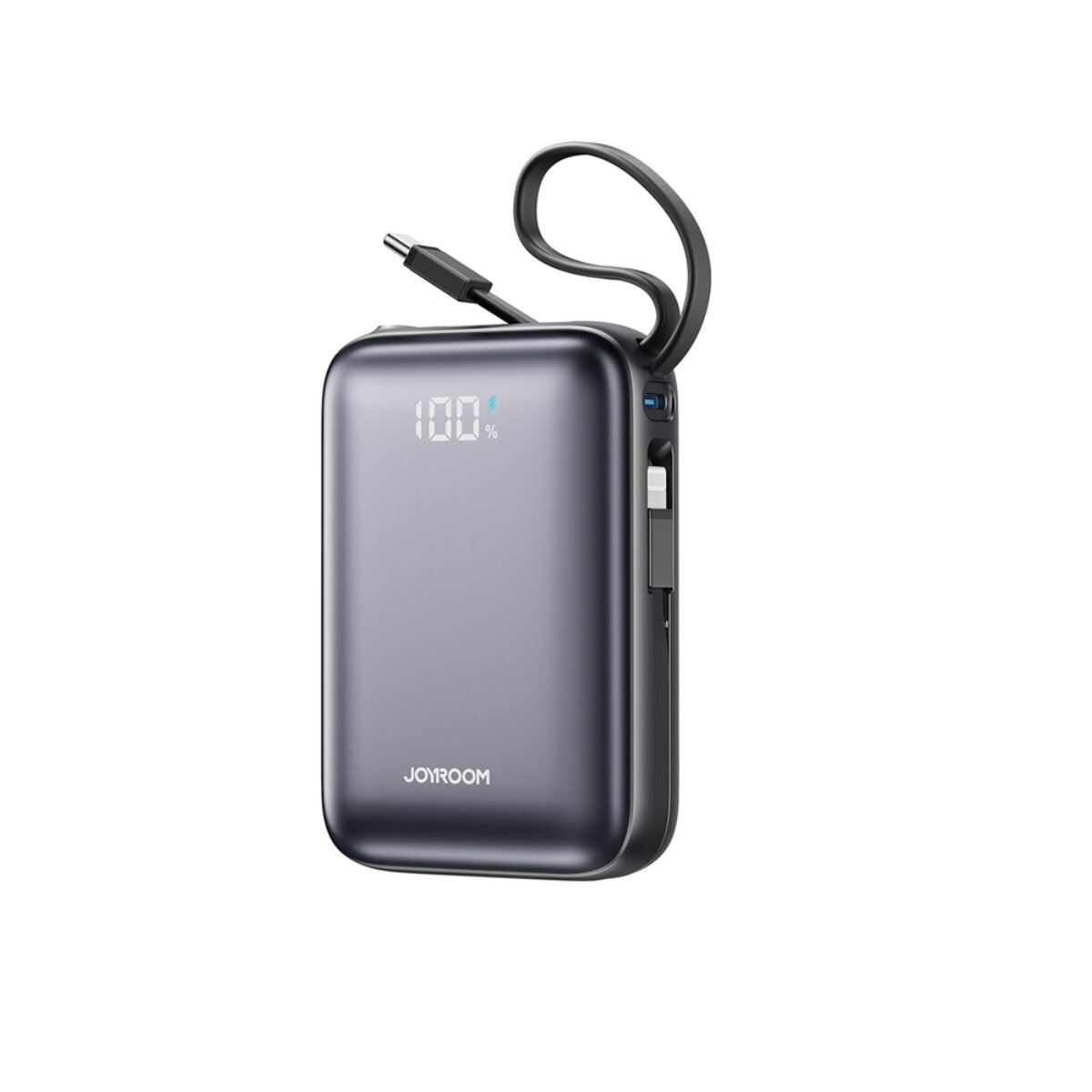 Power bank Joyroom grigio con display 100% e cavo USB-C.