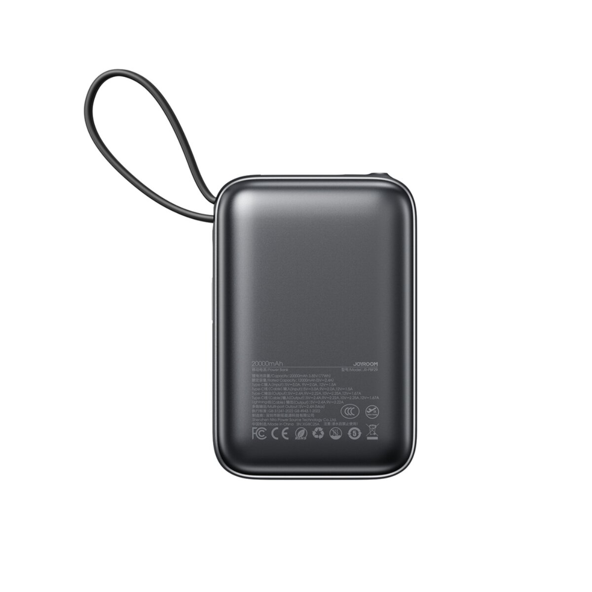 Power bank grigio scuro con anello, 20000mAh, con specifiche.