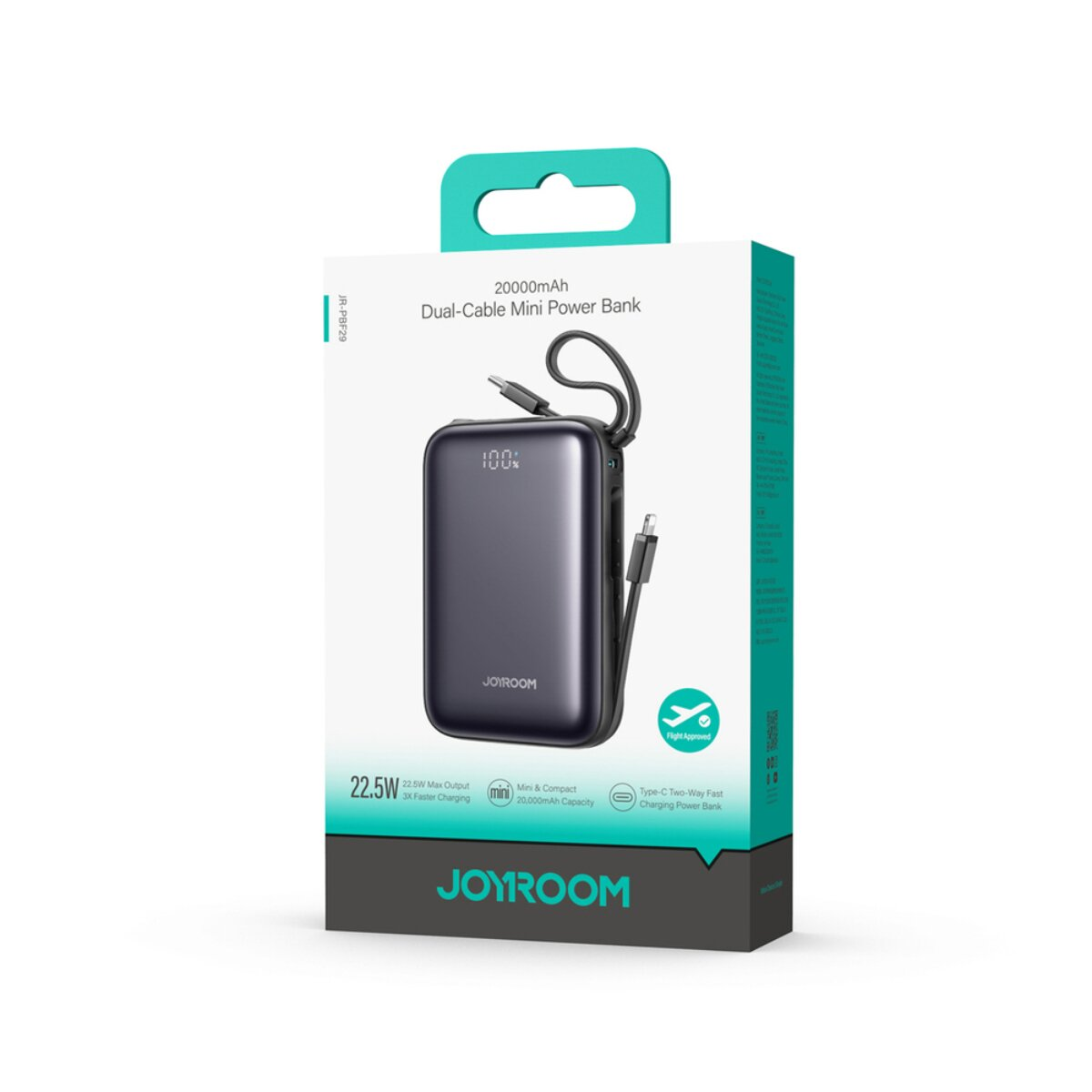 Confezione di un power bank grigio da 20000 mAh con cavi integrati.