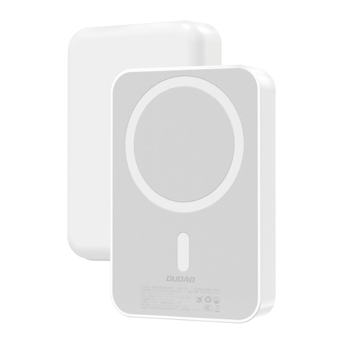 Weiße Powerbank mit magnetischem Ladekreis. DUDAO-Logo sichtbar.