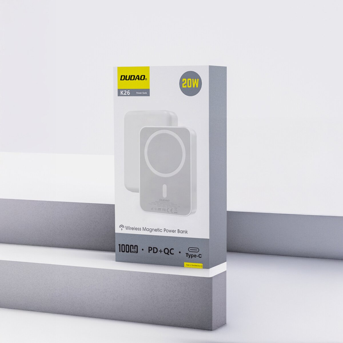 Verpackung einer 10000mAh DUDAO K26 Powerbank mit 20W, magnetisch.