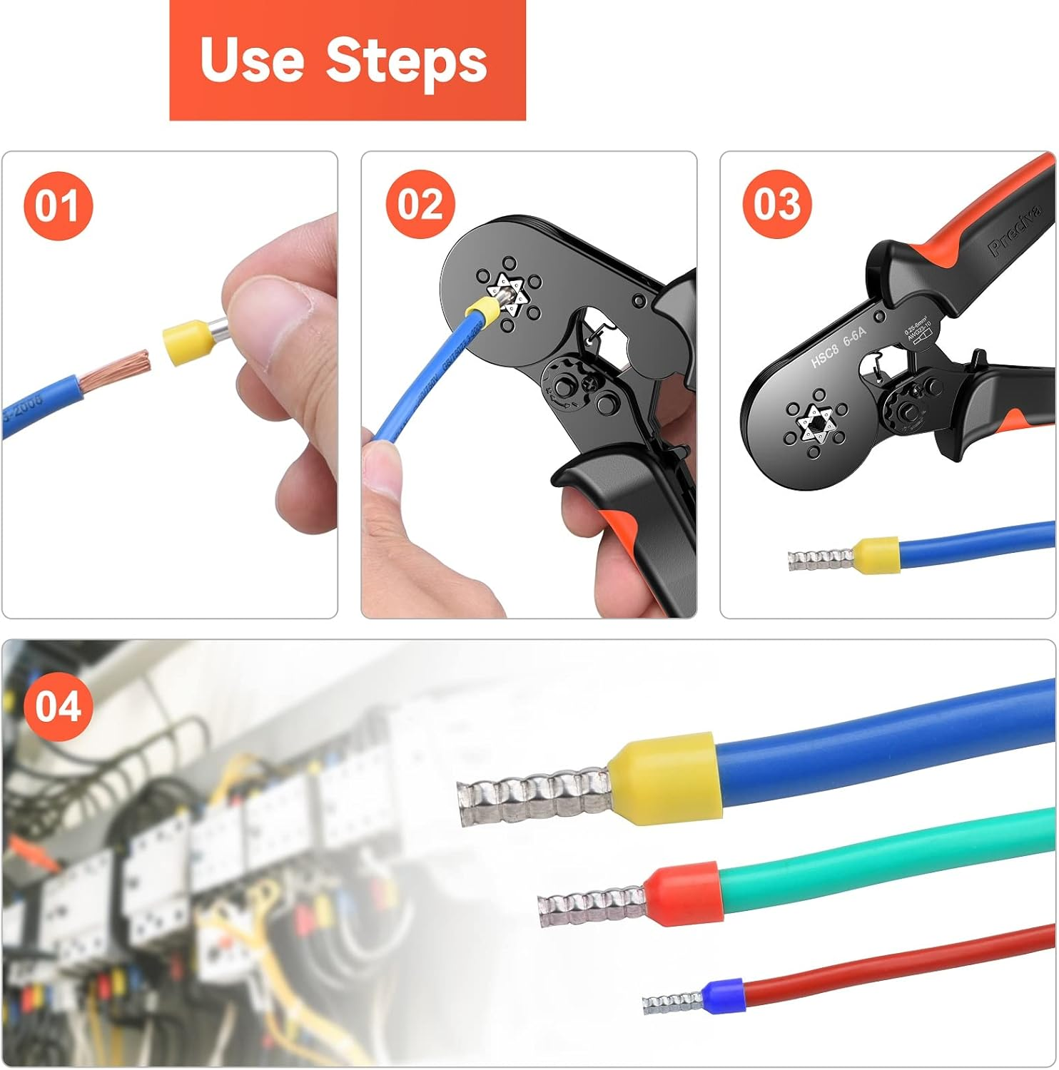 Schritt 1-4: Kabel crimpen mit Werkzeug und Aderendhülsen in Blau, Grün und Rot.