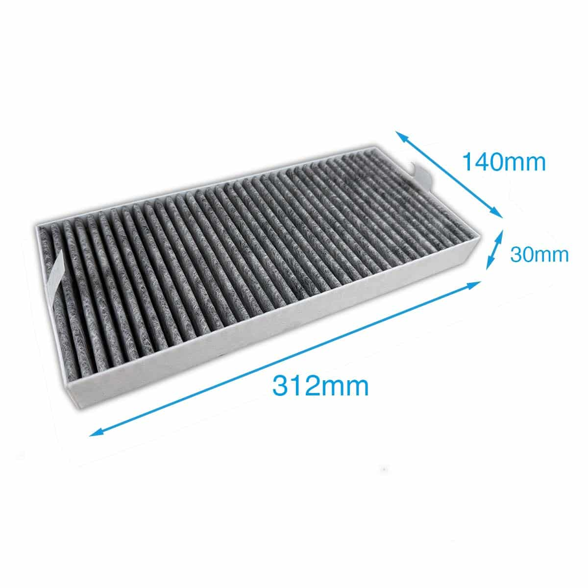 Grauer Auto-Innenraumfilter, 312x140x30mm, mit Falten.
