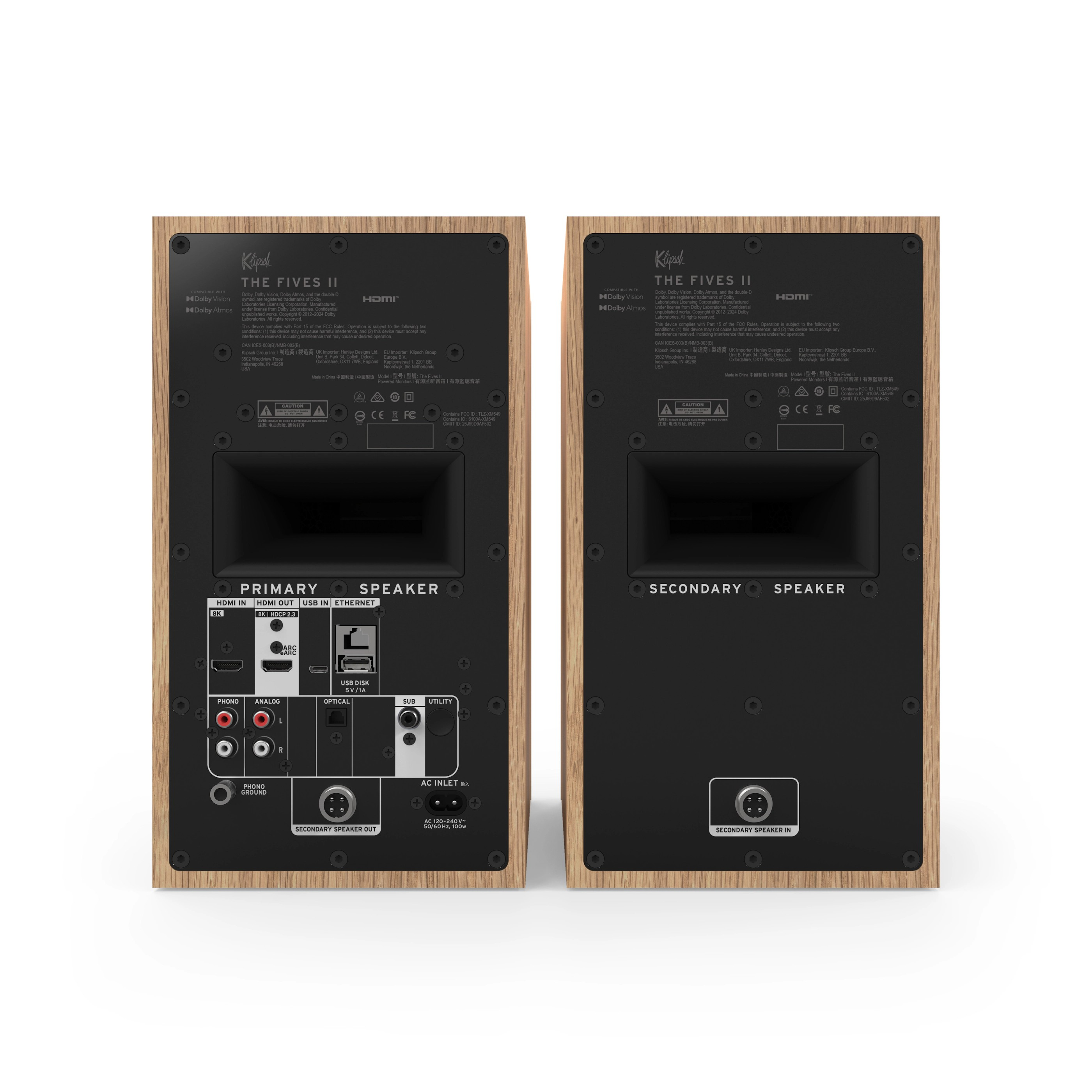 Rückseite zweier Klipsch-Lautsprecher mit Anschlüssen: HDMI, USB, Phono, Analog, Optisch, Sub, Utility, AC-Einlass.