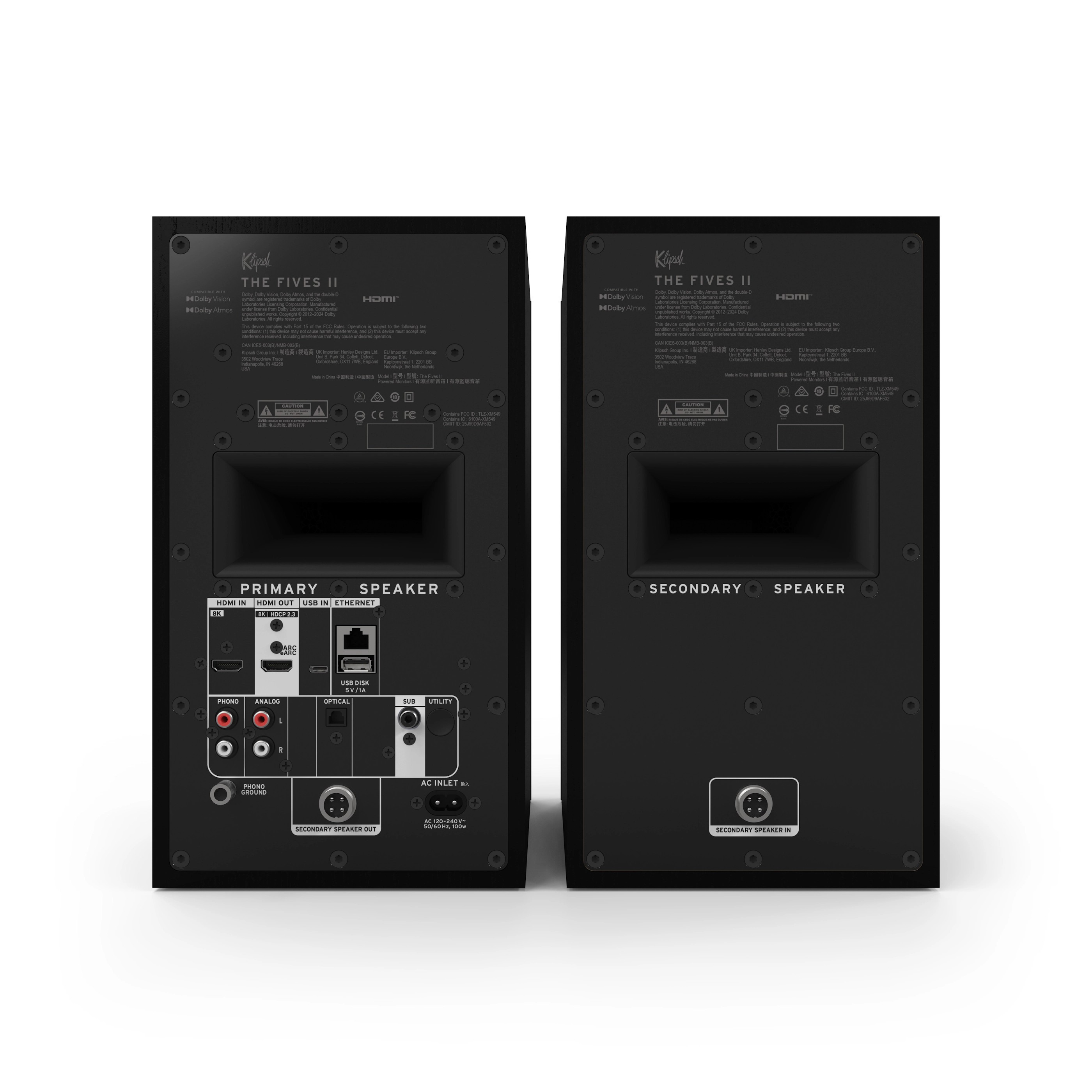 Rückseite zweier schwarzer Klipsch The Fives II Lautsprecher mit Anschlüssen.