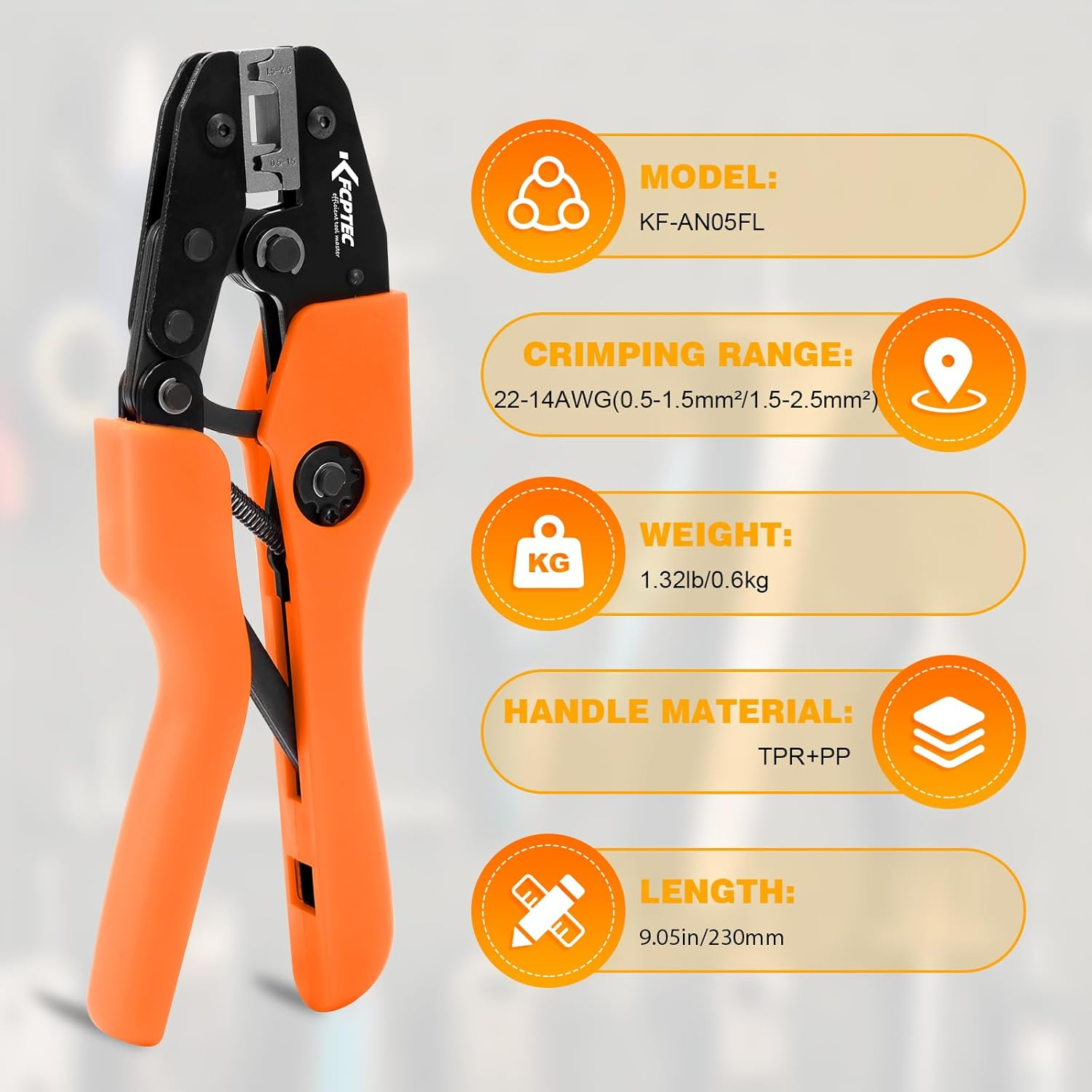 Ein orangefarbener Crimpzange mit schwarzen Griffen und Details.
