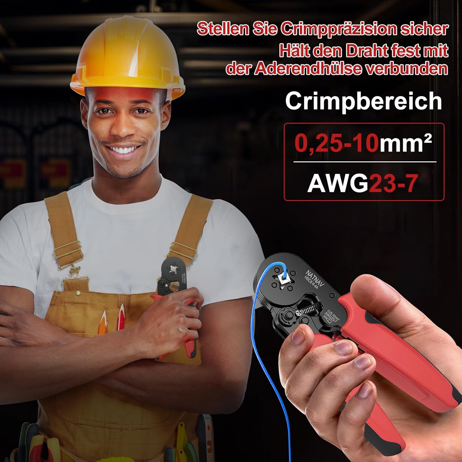 Mann mit Schutzhelm und Latzhose hält eine rote Crimpzange mit blauem Draht.
